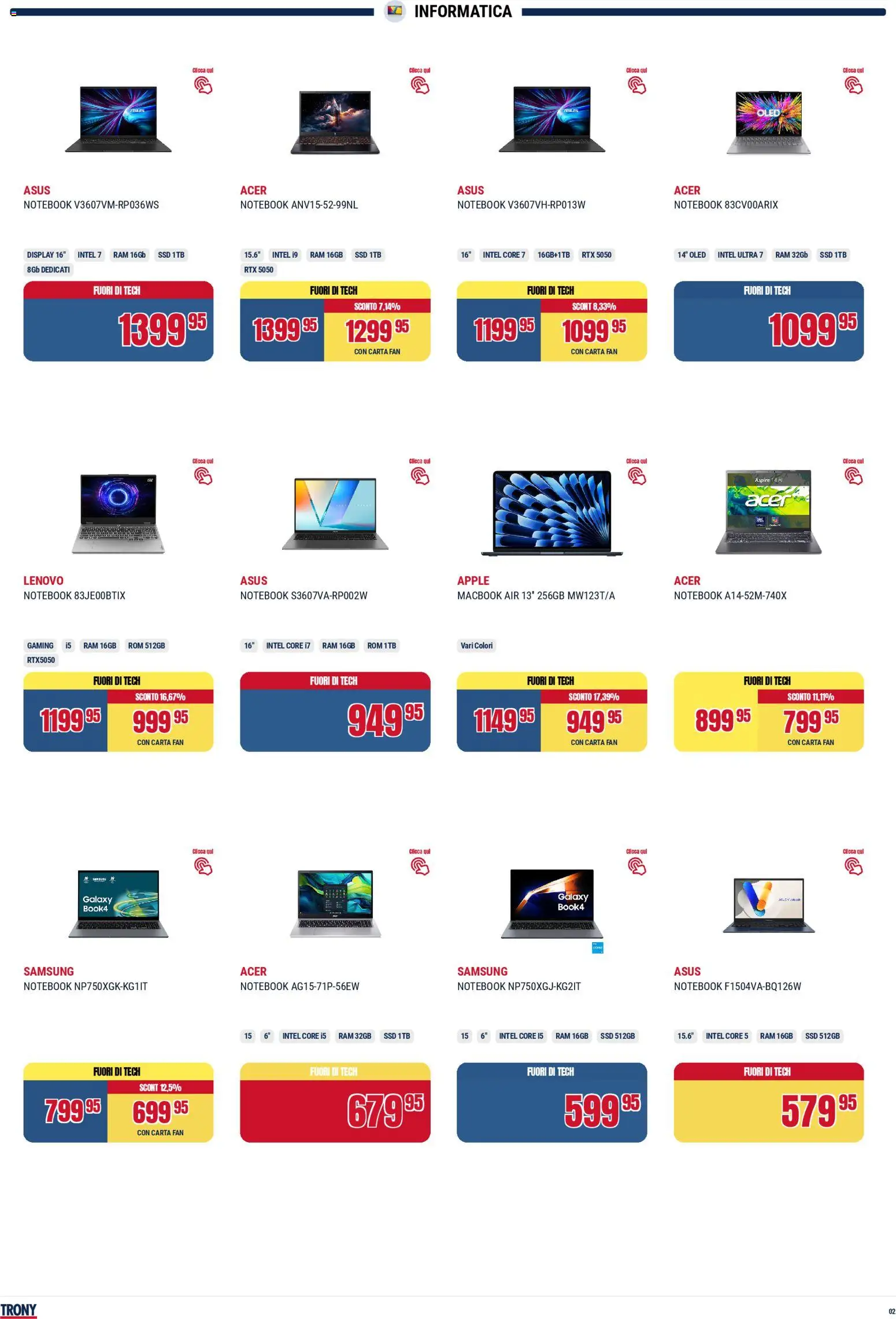 Volantino Trony del 19.02.2026 | Pagina: 2 | Prodotti: Notebook, Macbook air, Fan, Macbook