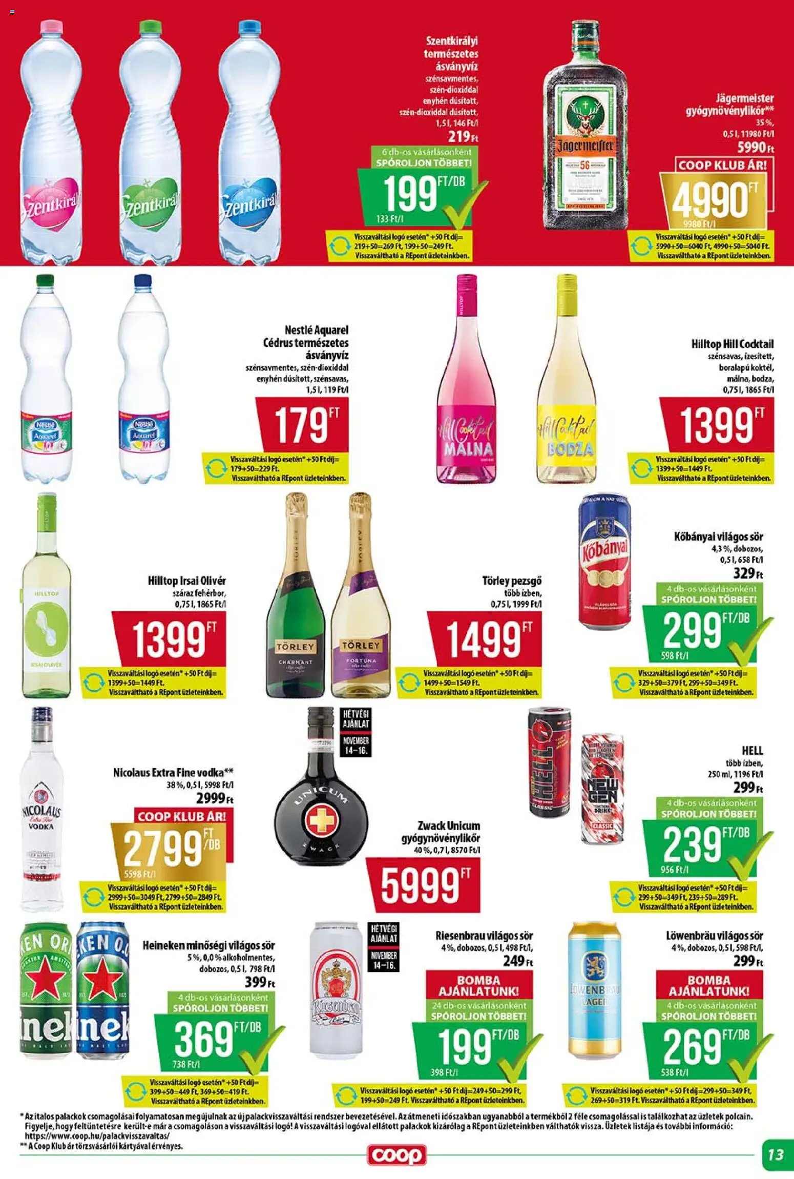 COOP akciós ujság - amely érvényes a következő dátumtól: 13.11.2025 | Oldal: 13 | Termékek: Málna, Heineken, Törley pezsgő, Sör
