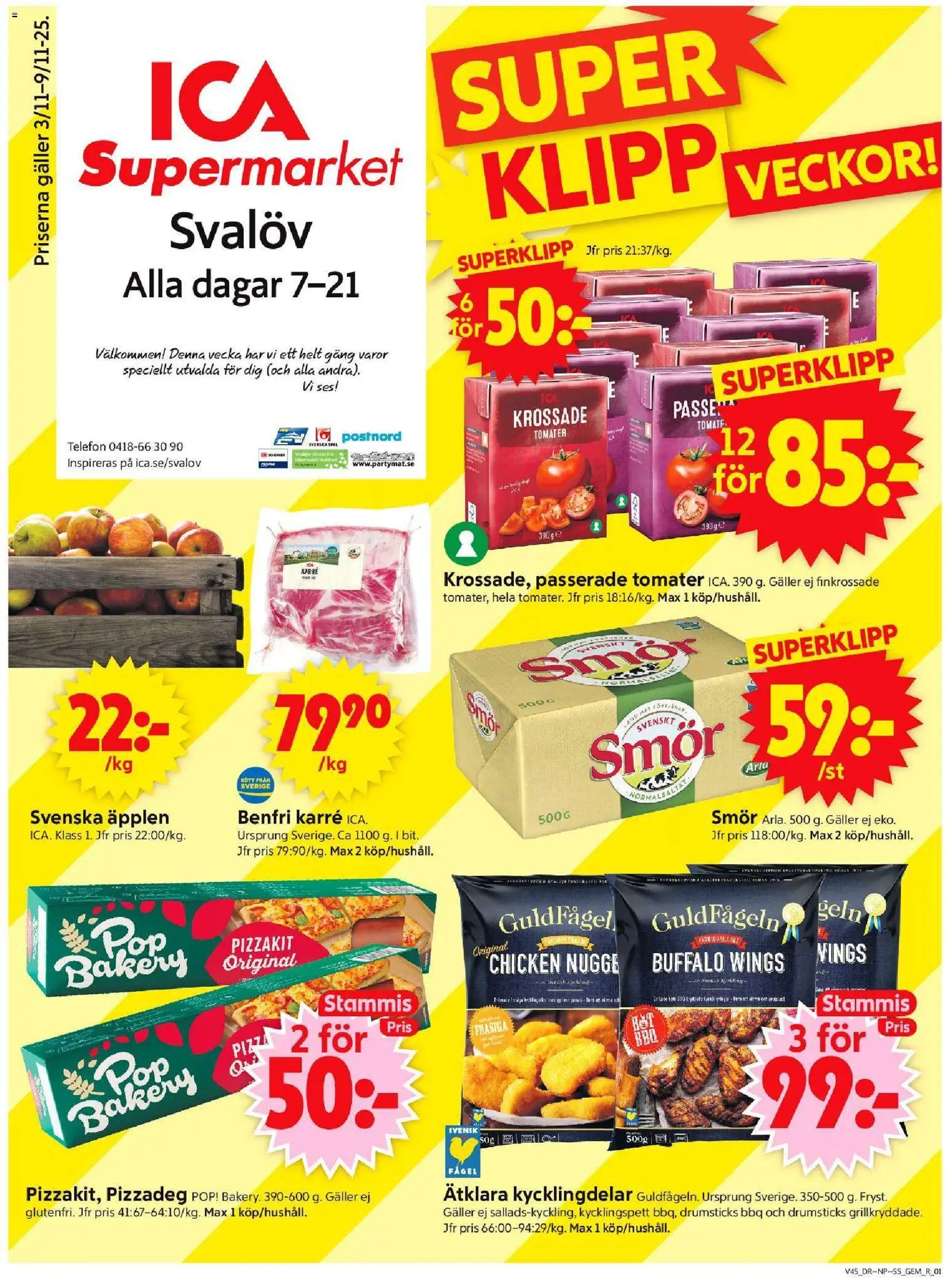 ICA Supermarket reklamblad aktuell från 03.11.2025 | Sida: 1 | Produkter: Galler, Smör, Pizzakit, Telefon