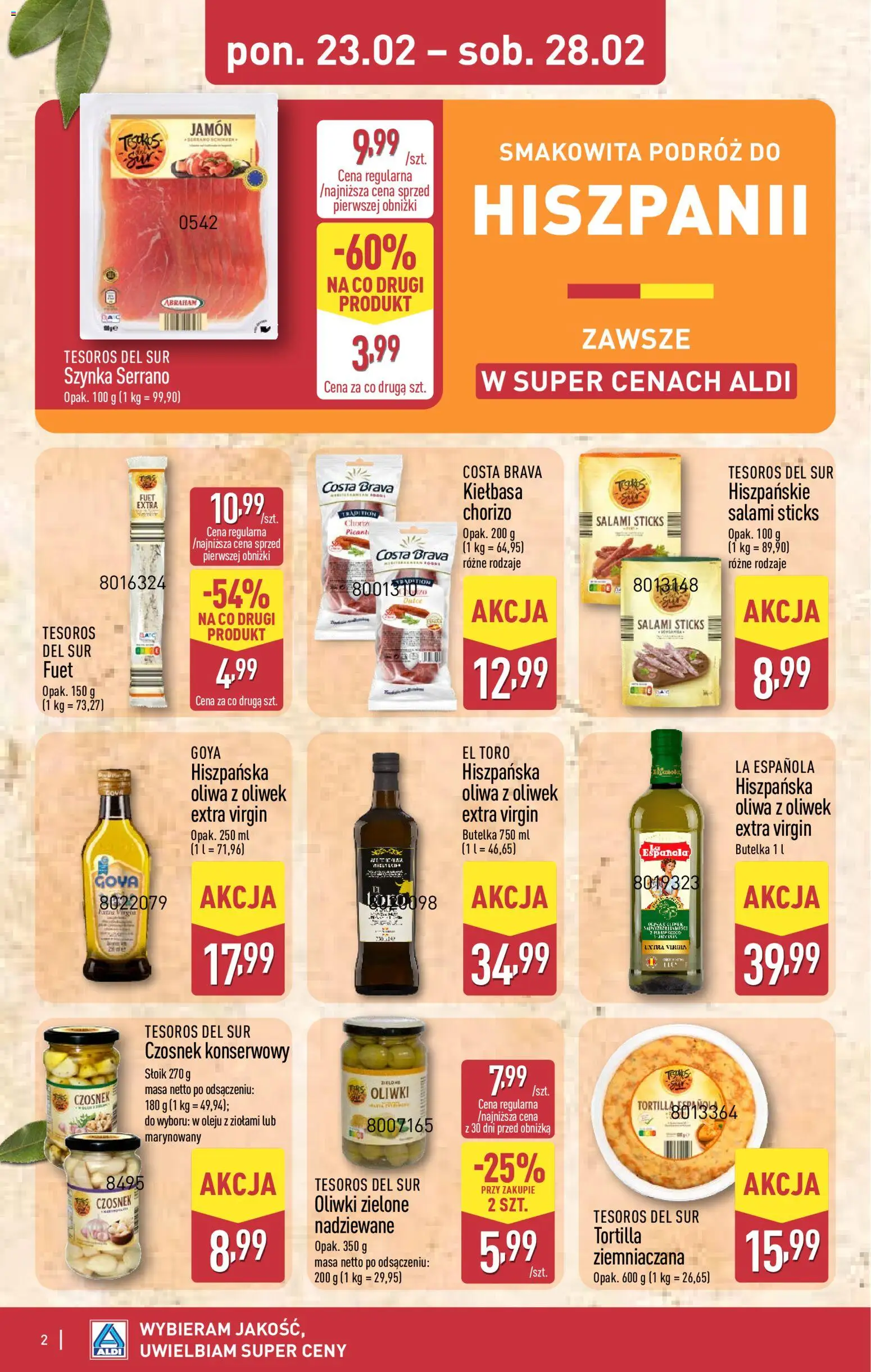 Aldi Gazetka - Smakowita podróż do Hiszpanii od 23.02.2026 | Strona: 2 | Produkty: Kiełbasa, Oliwa z oliwek, Fuet, Szynka serrano