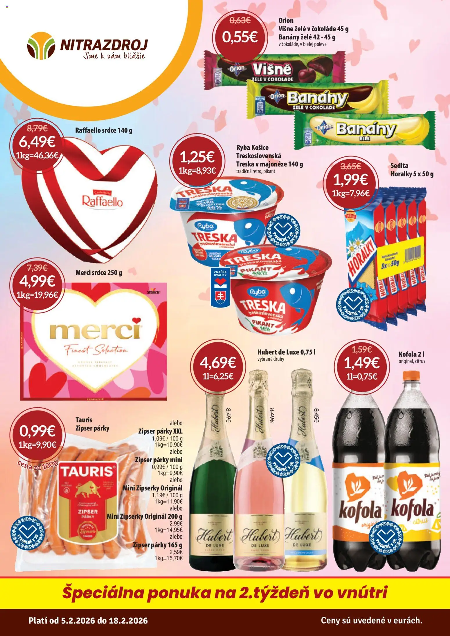 Nové Nitrazdroj akcie – leták je platný od 05.02.2026 | Strana: 1 | Produkty: Banány, Merci, Párky, Hubert de Luxe