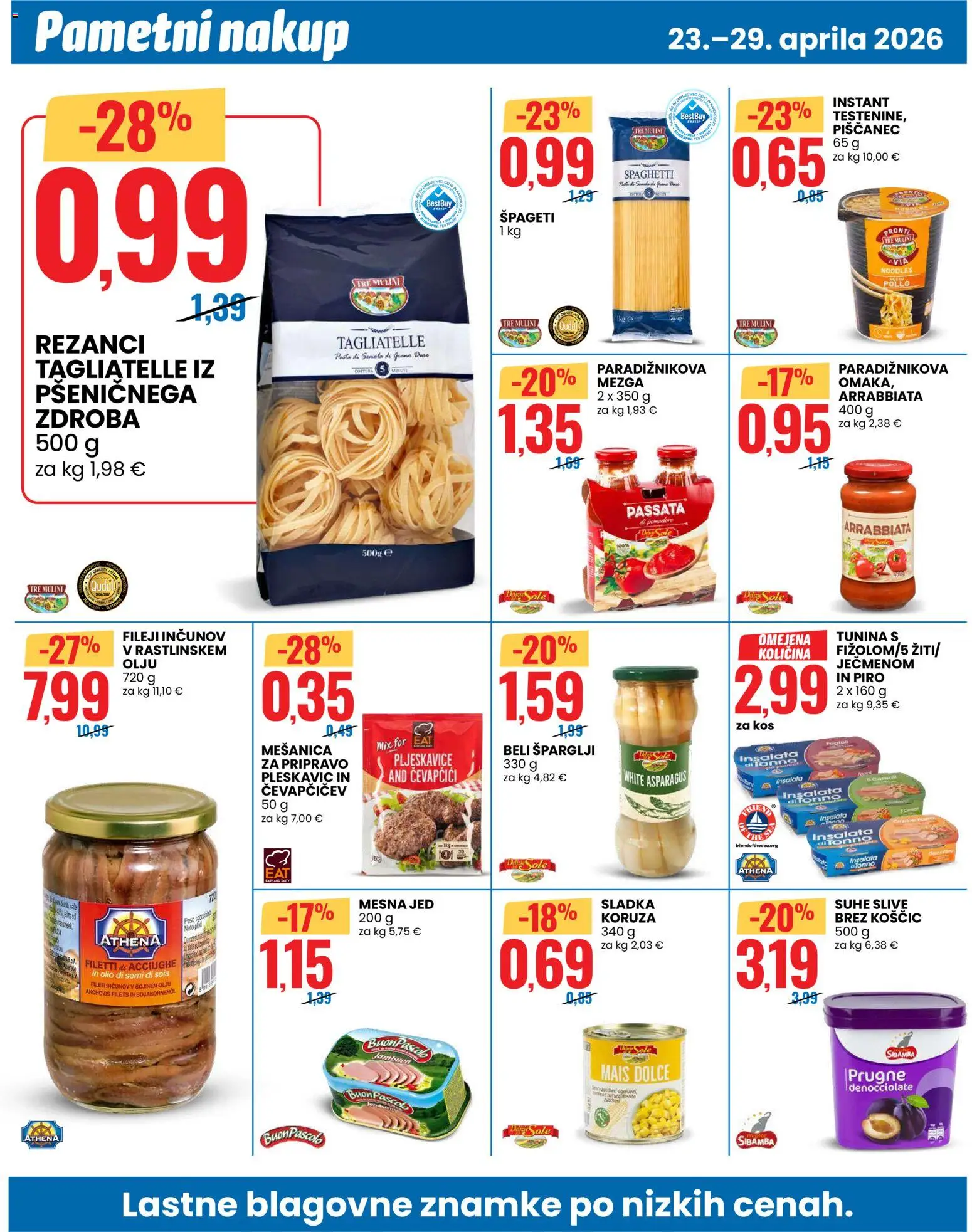 Novi Eurospin katalog ponudbe – veljaven od 23.04.2026 | Stran: 12 | Izdelki: Rezanci, Čevapčiči, Suhe slive, Spageti