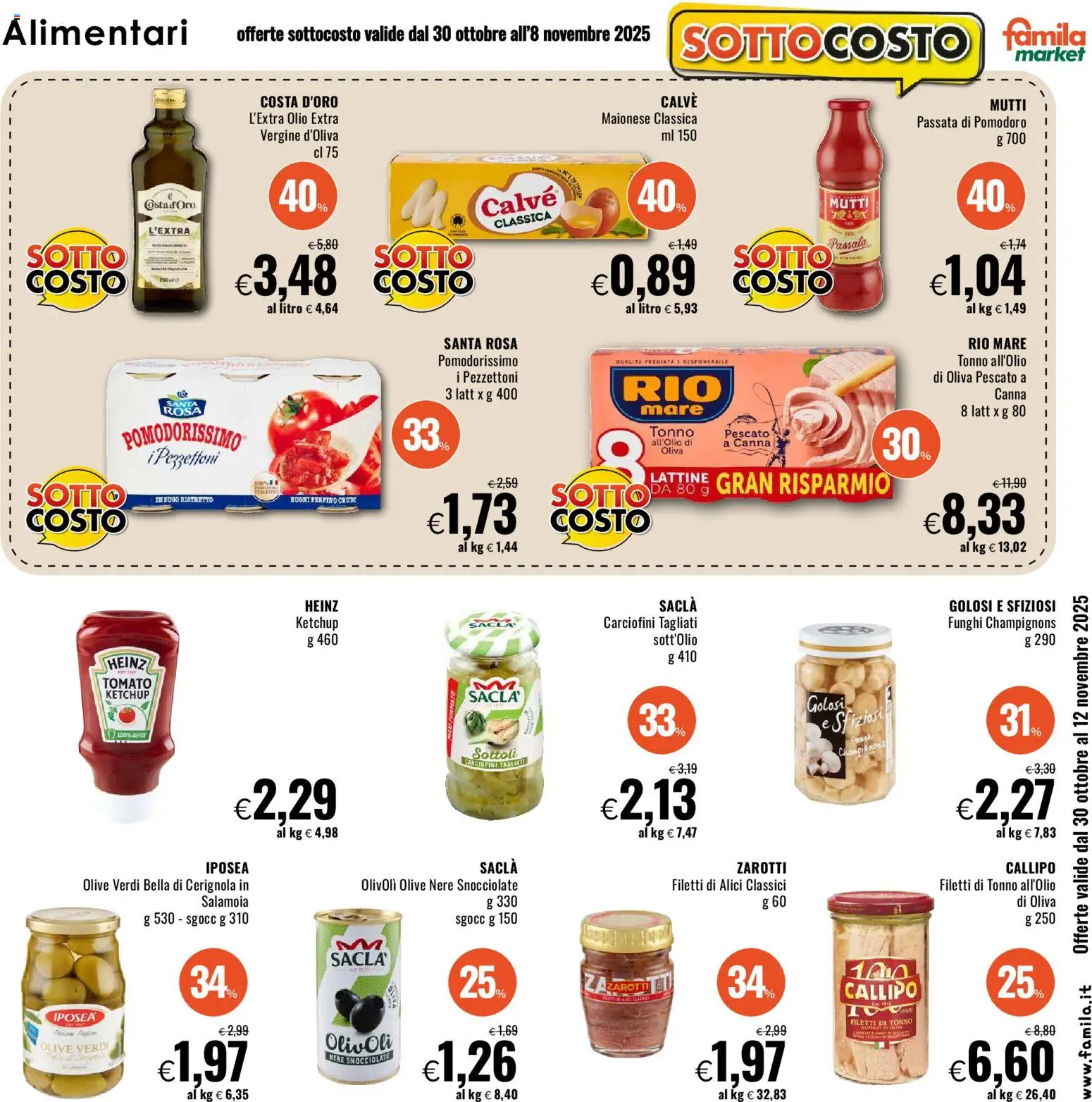 Volantino Famila del 30.10.2025 | Pagina: 7 | Prodotti: Pomodoro, Olio, Tonno, Sugo