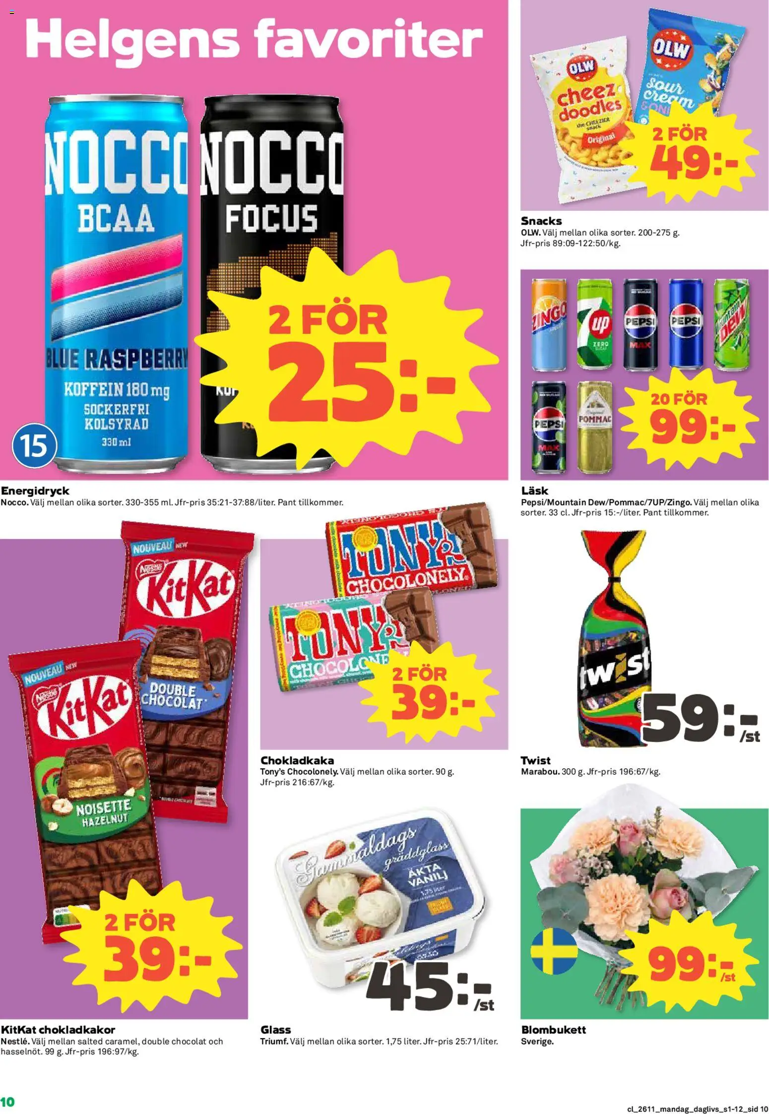 Coop Daglivs reklamblad aktuell från 09.03.2026 | Sida: 10 | Produkter: Zingo, Chokladkaka, Energidryck, Glass