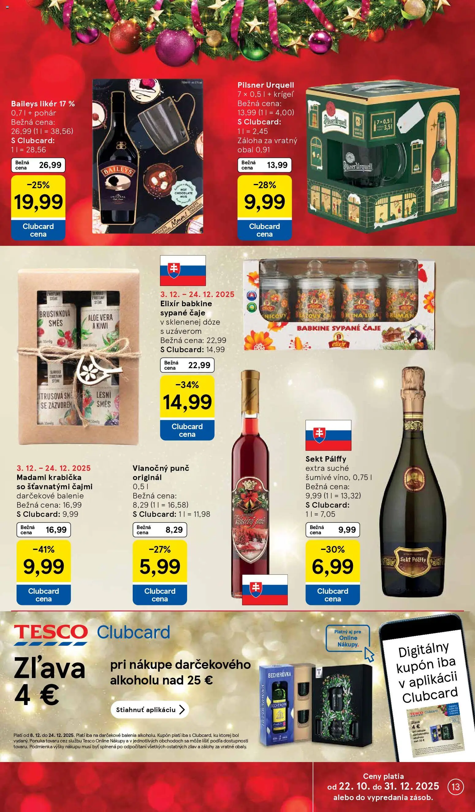 Nové Tesco akcie – leták je platný od 08.12.2025 | Strana: 13 | Produkty: Becherovka, Pilsner Urquell, Kiwi, Baileys