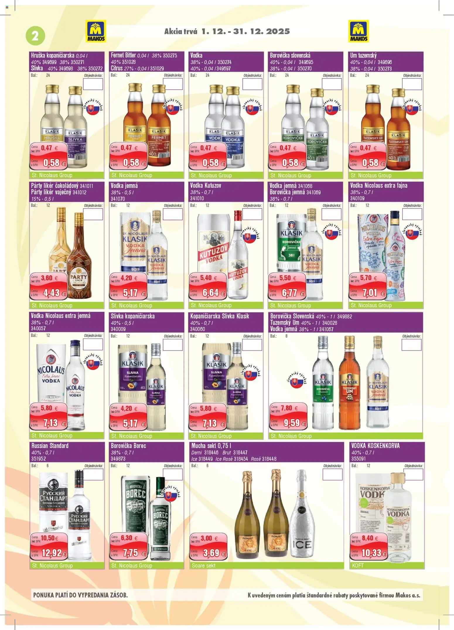 Nové Makos akcie – leták je platný od 01.12.2025 | Strana: 2 | Produkty: Borovička, Vodka, Fernet