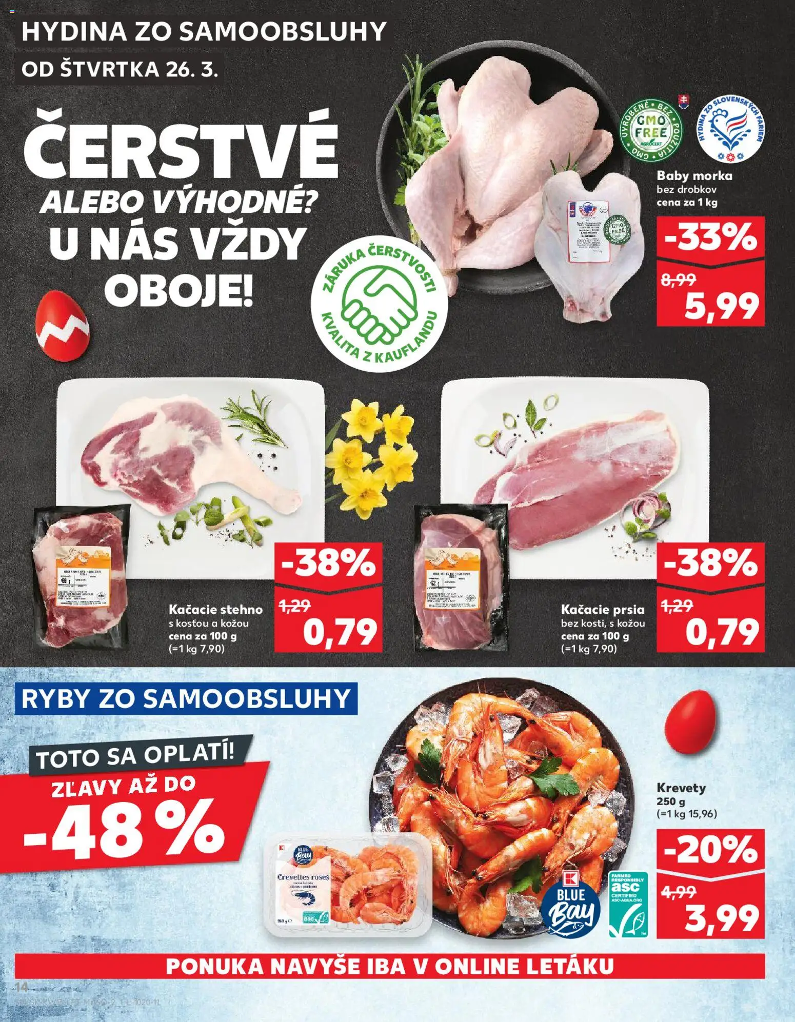 Nové Kaufland akcie – leták je platný od 26.03.2026 | Strana: 14 | Produkty: Krevety, Kačacie prsia, Ryby