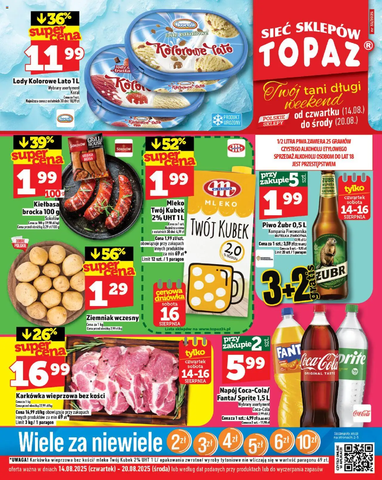 Topaz Gazetka od 14.08.2025 | Strona: 1 | Produkty: Piwo żubr, Kiełbasa, Karkówka wieprzowa, Sprite