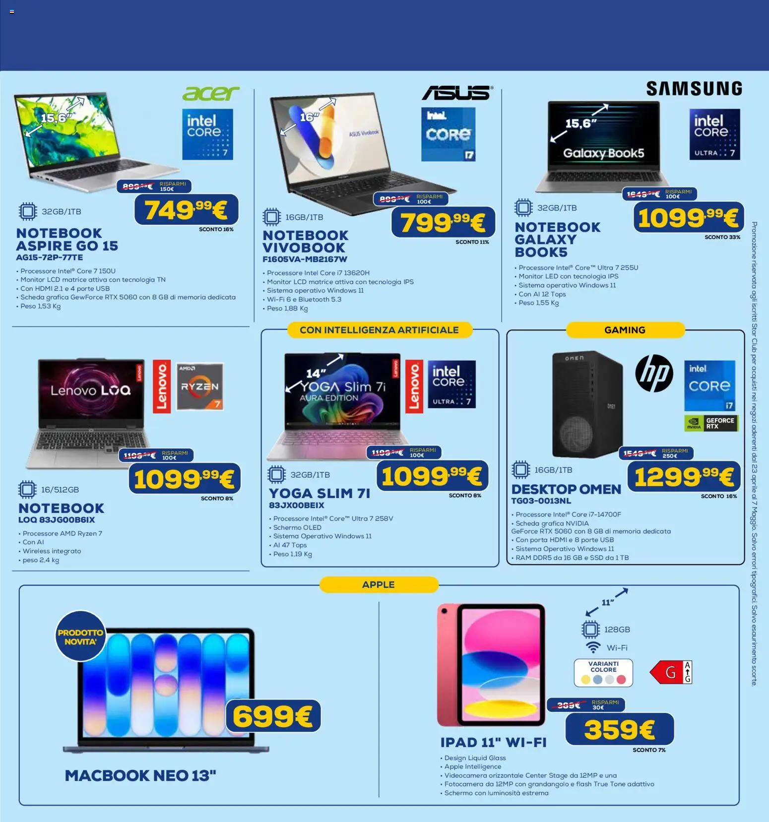 Volantino Euronics del 23.04.2026 | Pagina: 11 | Prodotti: Schermo, Videocamera, Fotocamera, Samsung