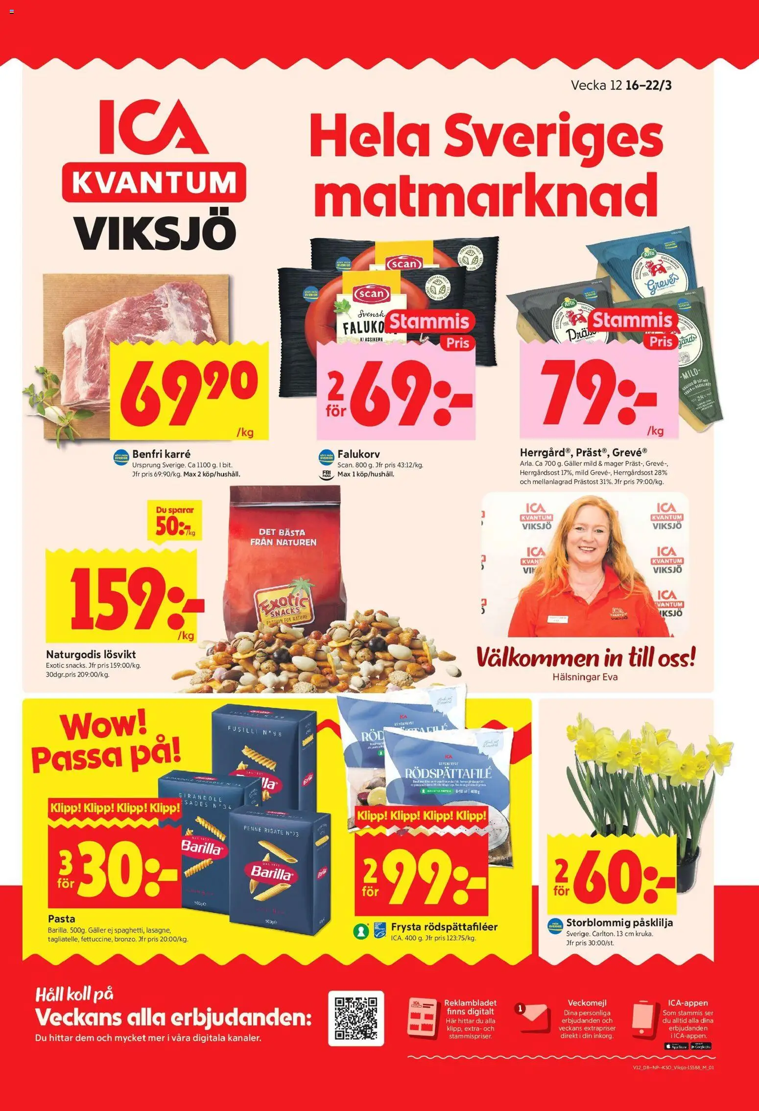 ICA Kvantum reklamblad aktuell från 16.03.2026 | Sida: 1 | Produkter: Galler, Falukorv, Pasta, Häll
