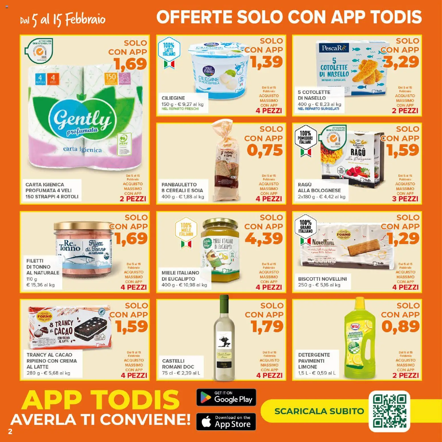 Volantino Todis del 05.02.2026 | Pagina: 2 | Prodotti: Mozzarella, Latte, Limone, Ragú