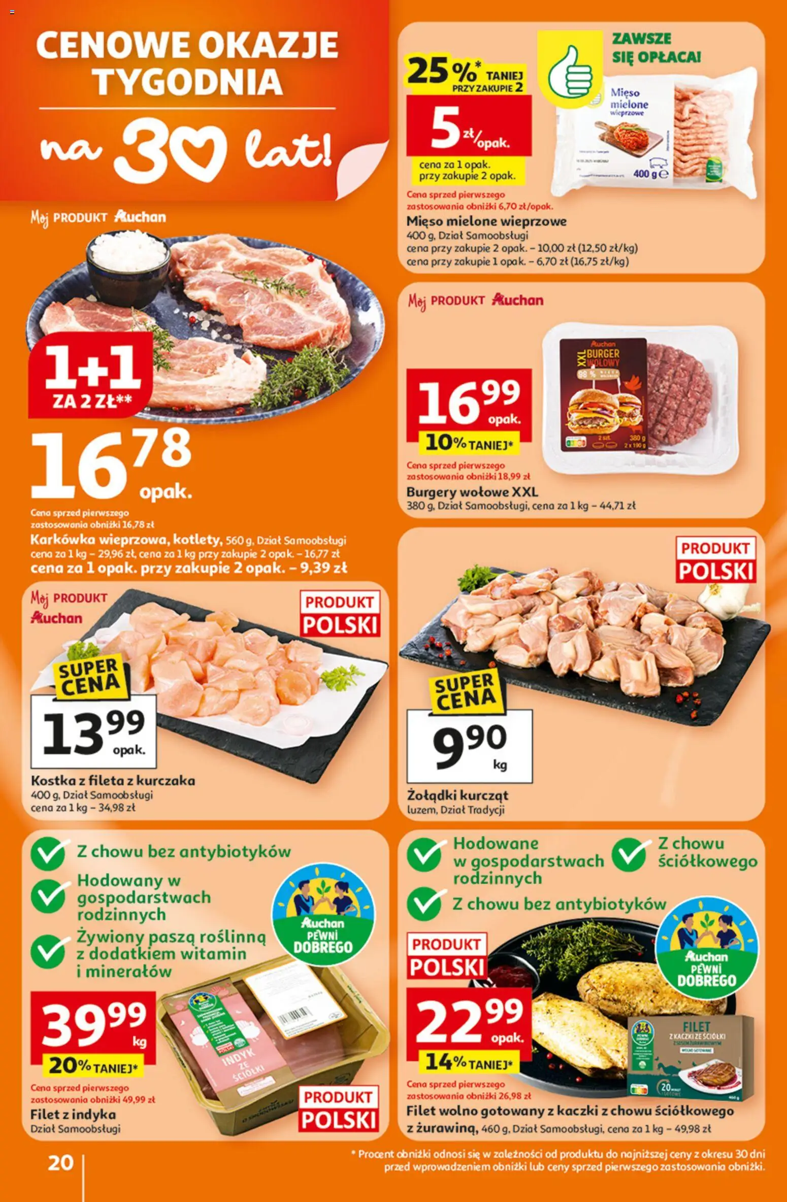 Auchan Gazetka - 30 Lat Hipermarket od 05.02.2026 | Strona: 20 | Produkty: Burger wołowy, Mięso, Filet z kaczki, Burgery wolowe