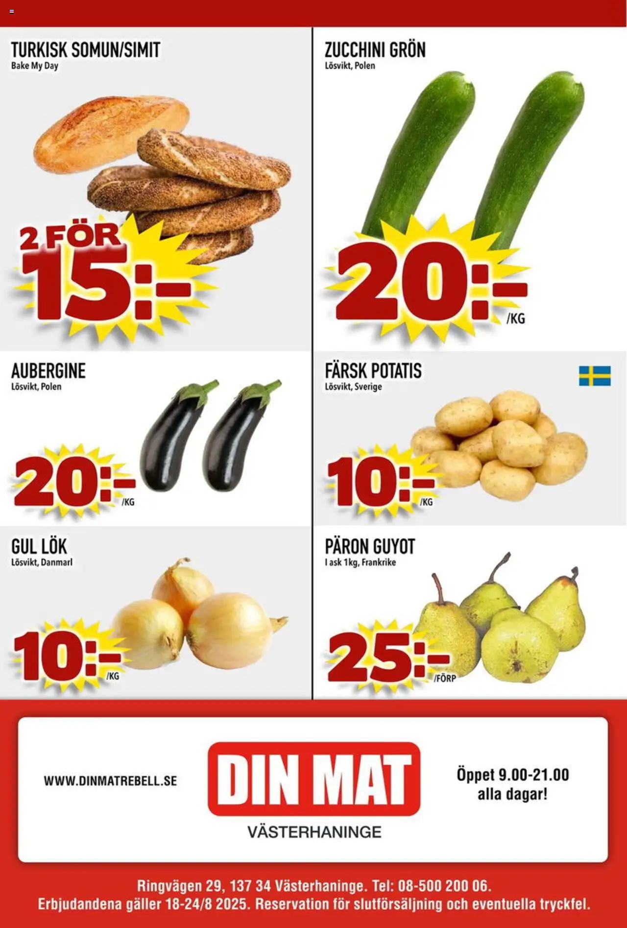 Din Mat reklamblad aktuell från 18.08.2025 | Sida: 8 | Produkter: Galler, Gul lök, Aubergine, Zucchini