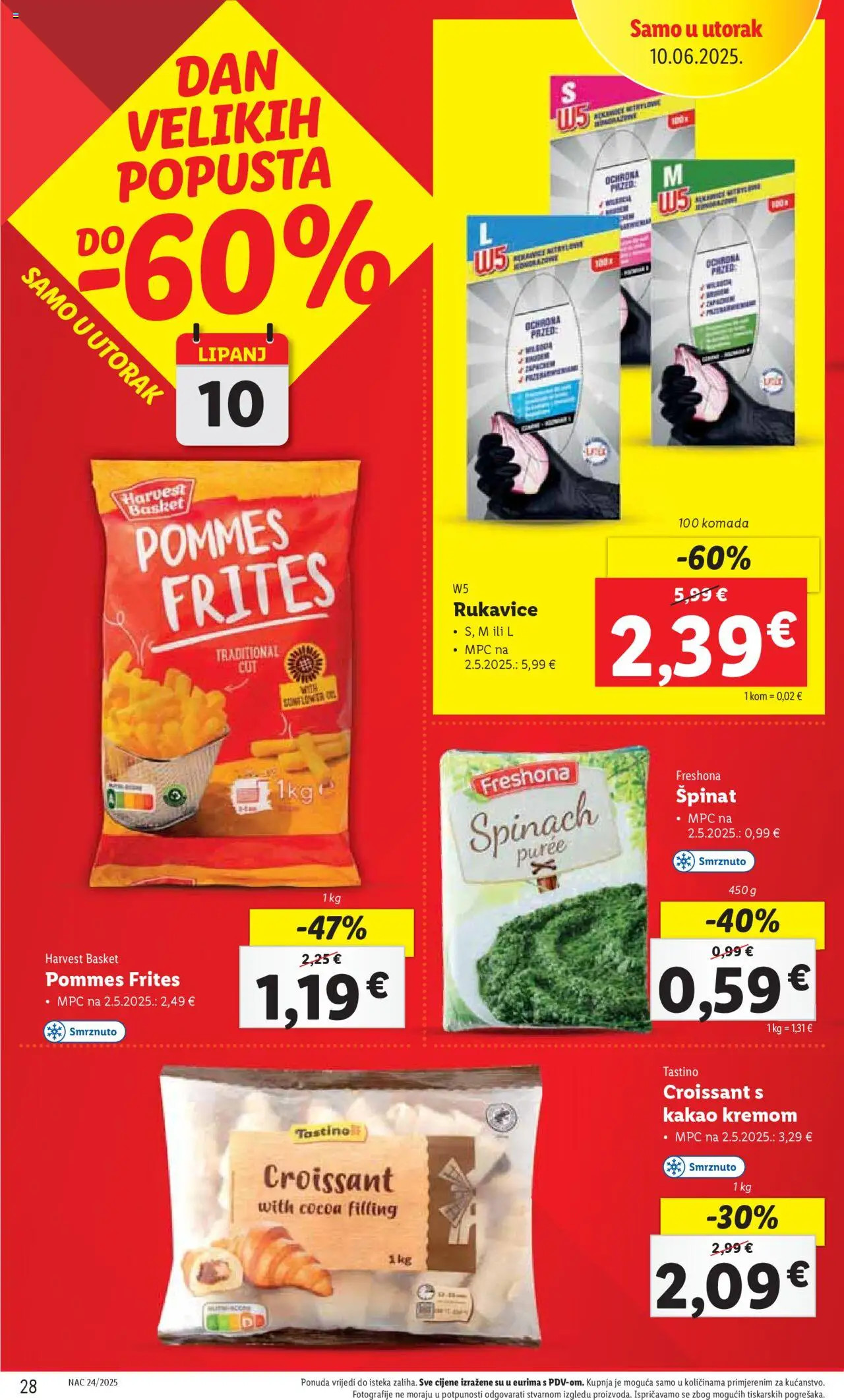 Lidl katalog | vrijedi od 09.06.2025 | Stranica: 28 | Proizvodi: Špinat, Pommes frites, Rukavice, Kakao