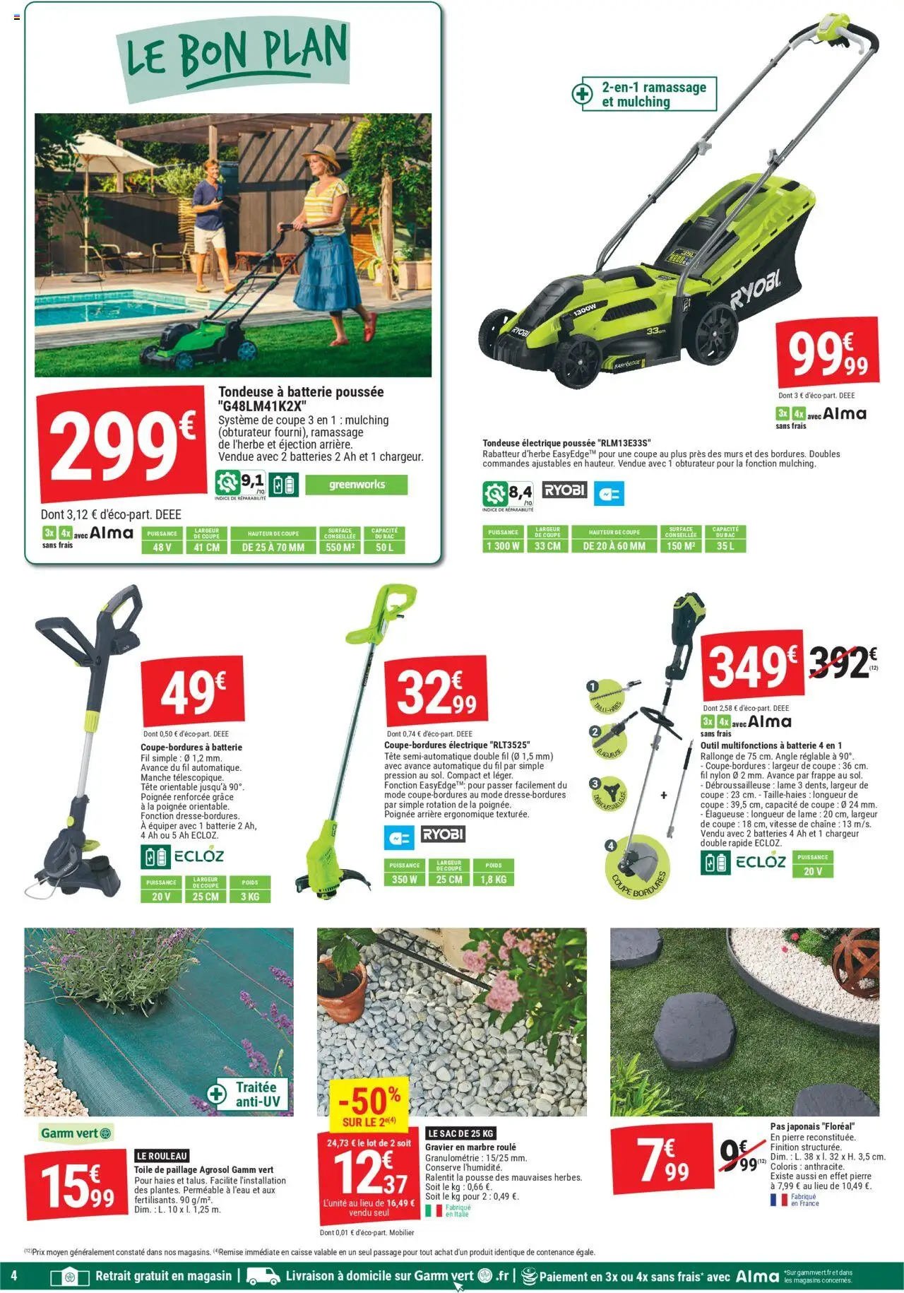  | Page: 4 | Produits: Débroussailleuse, Tondeuse, Gravier, Batterie