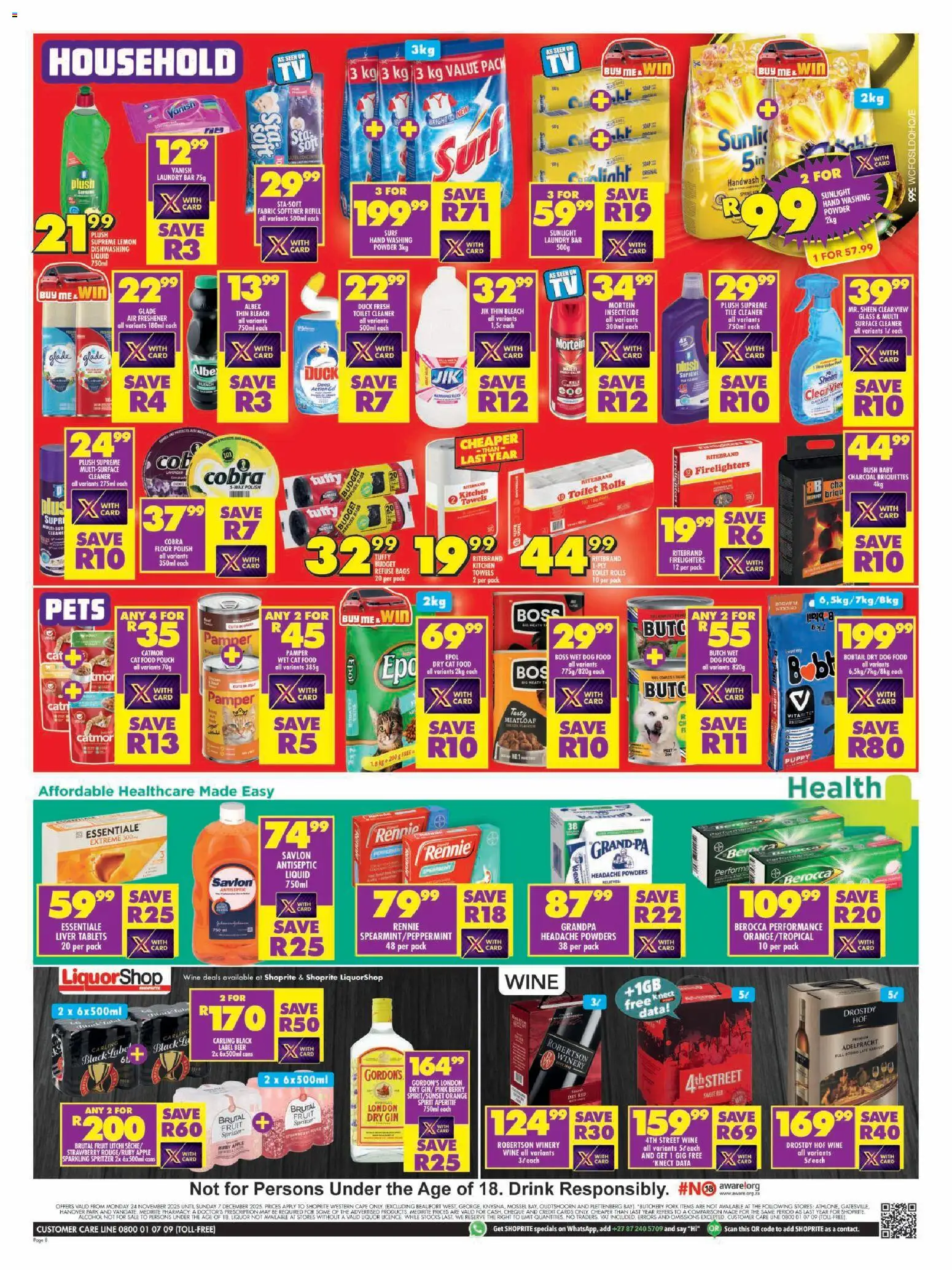 New Shoprite catalogue – valid from 24.11.2025 | Page: 8 | Products: Surface cleaner, Bleach, Wine, Fruit