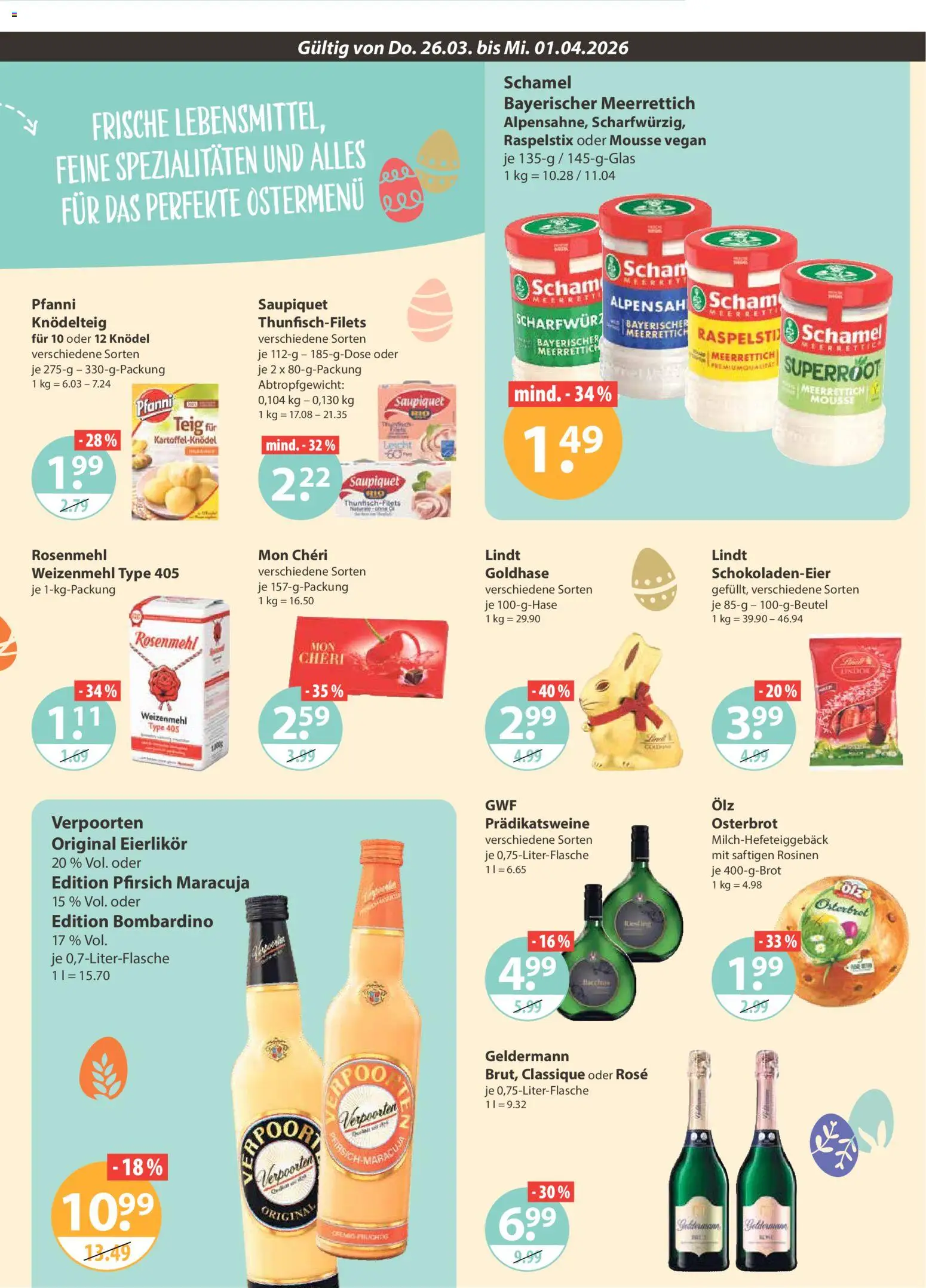 V-Markt München – gültig ab 26.03.2026 | Seite: 15 | Produkte: Weizenmehl, Rosinen, Pfirsich, Mon cheri