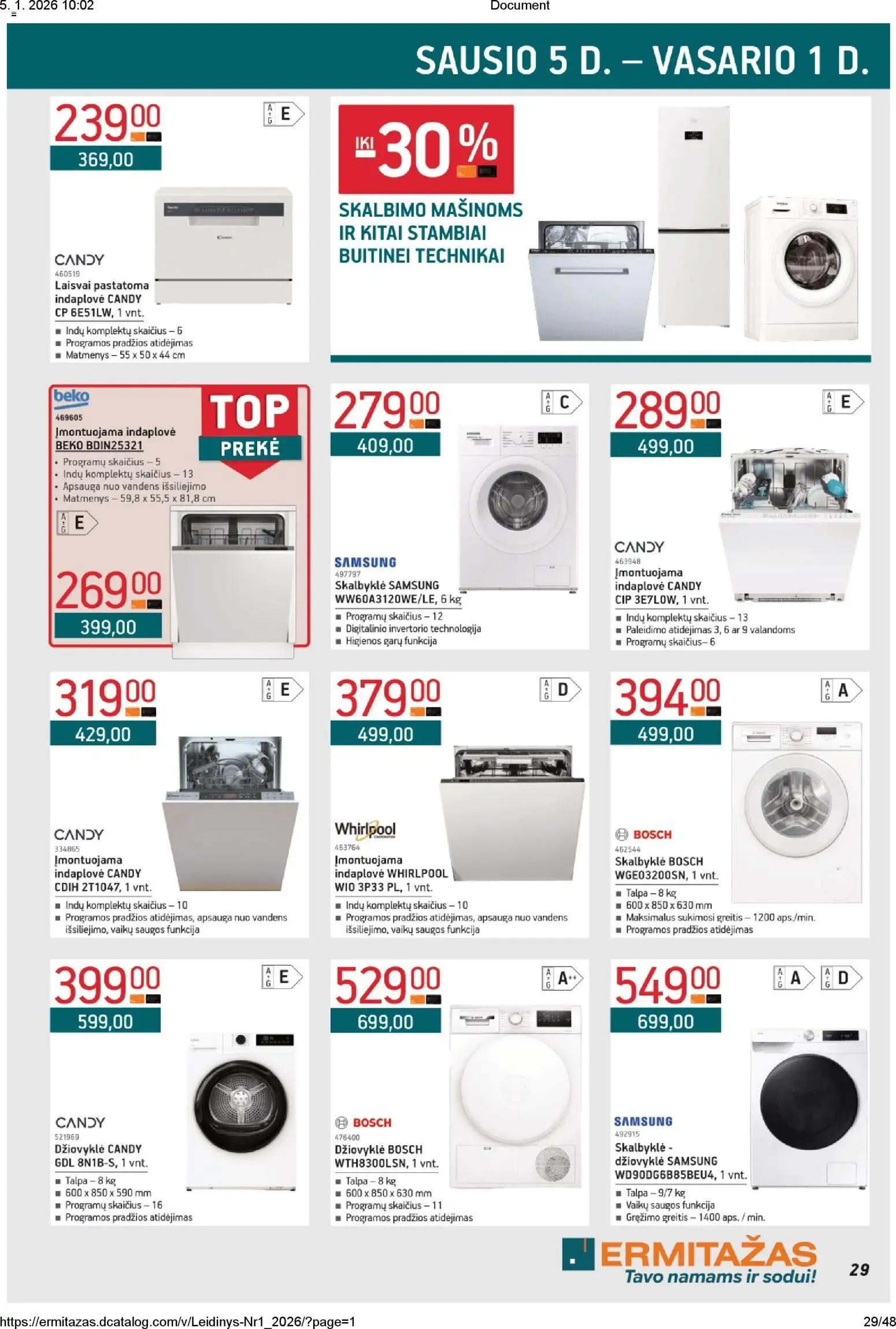 ERMITAŽAS akcijos nuo 05.01.2026 | Puslapis: 29 | Prekių: Džiovyklė, Indaplovė