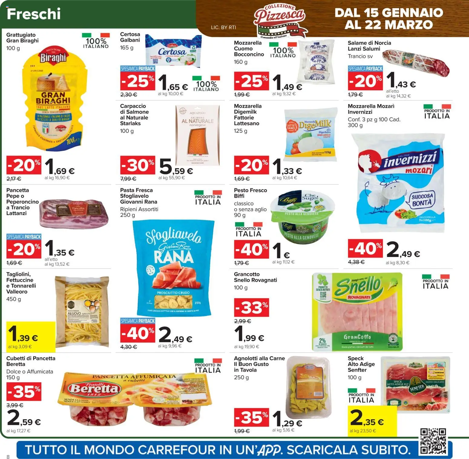 Volantino Carrefour del 15.01.2026 | Pagina: 8 | Prodotti: Pancetta, Mozzarella, Aglio, Fettuccine