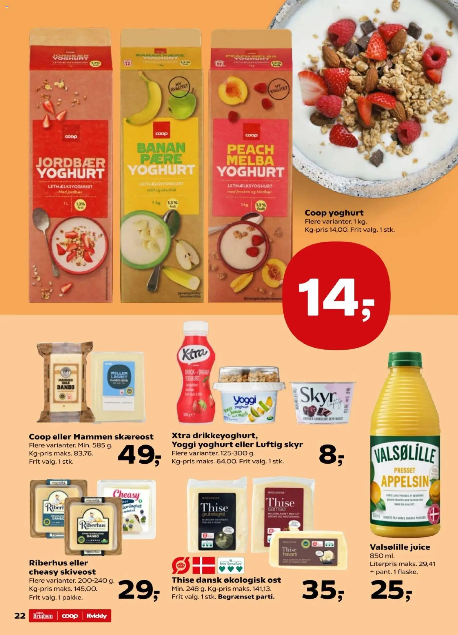 Kvickly tilbudsavis – gyldig fra 24.10.2025 | Side: 22 | Produkter: Yoghurt, Juice, Jordbær, Skiveost