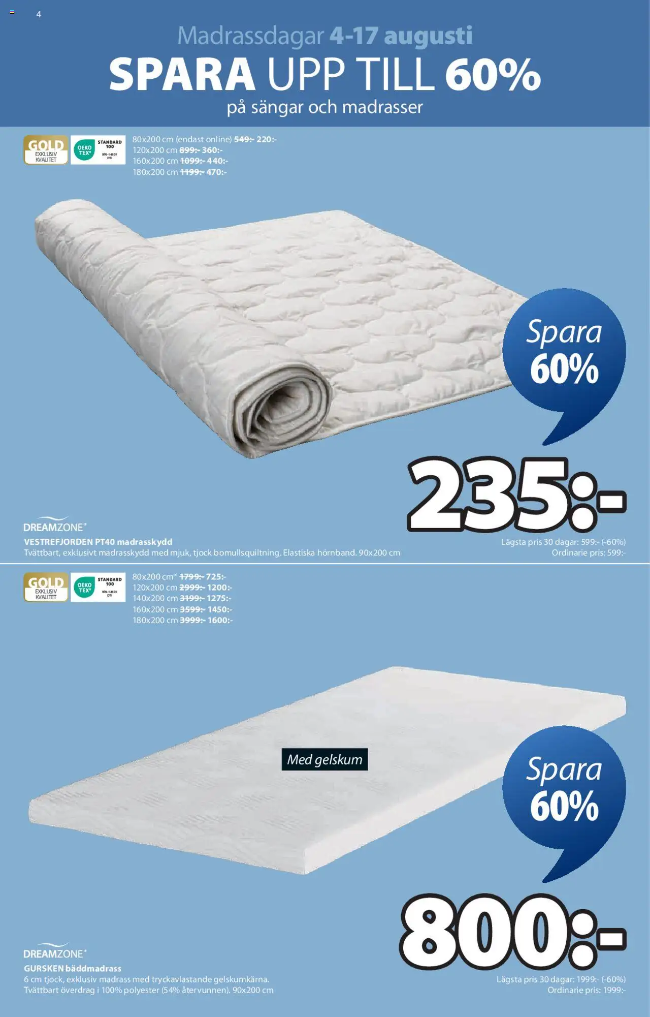 JYSK reklamblad aktuell från 04.08.2025 | Sida: 4 | Produkter: Bäddmadrass, Madrasskydd, Madrass