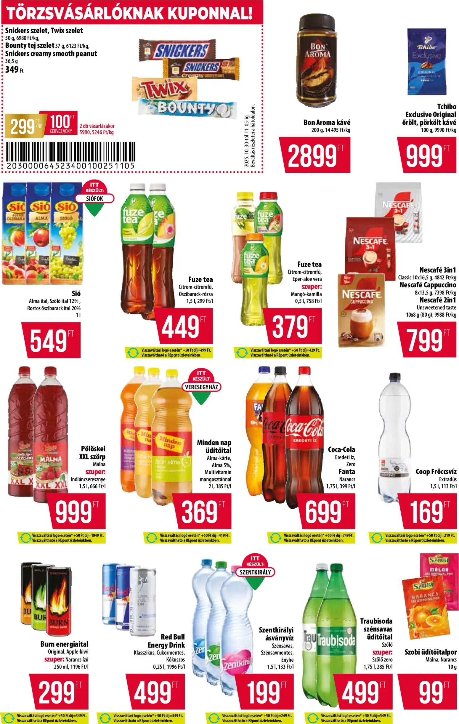 COOP akciós ujság - amely érvényes a következő dátumtól: 30.10.2025 | Oldal: 10 | Termékek: Őszibarack, Nescafé, Cappuccino, Snickers