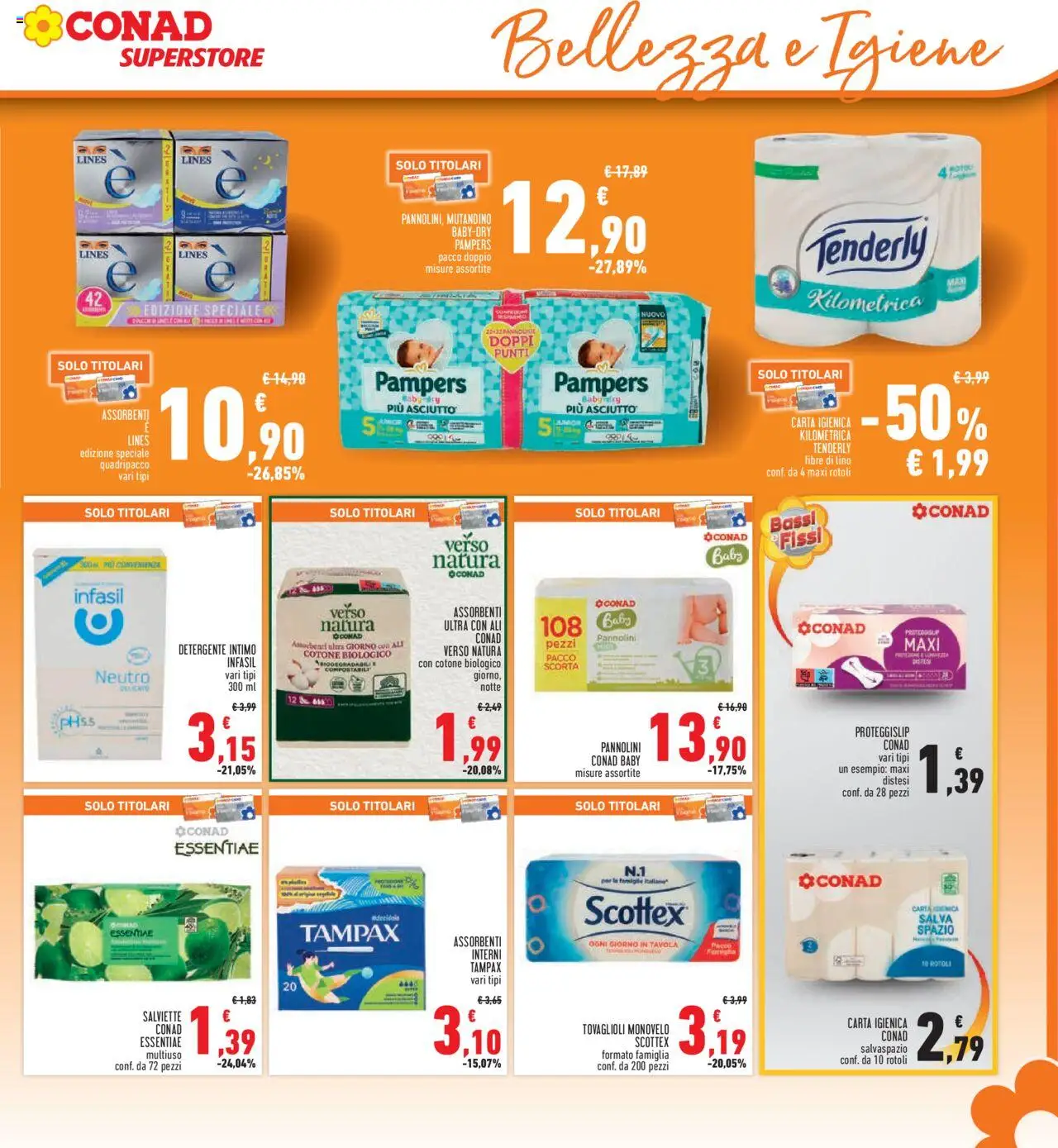 Volantino Conad del 14.08.2025 | Pagina: 23 | Prodotti: Pannolini, Carta igienica, Detergente intimo, Intimo