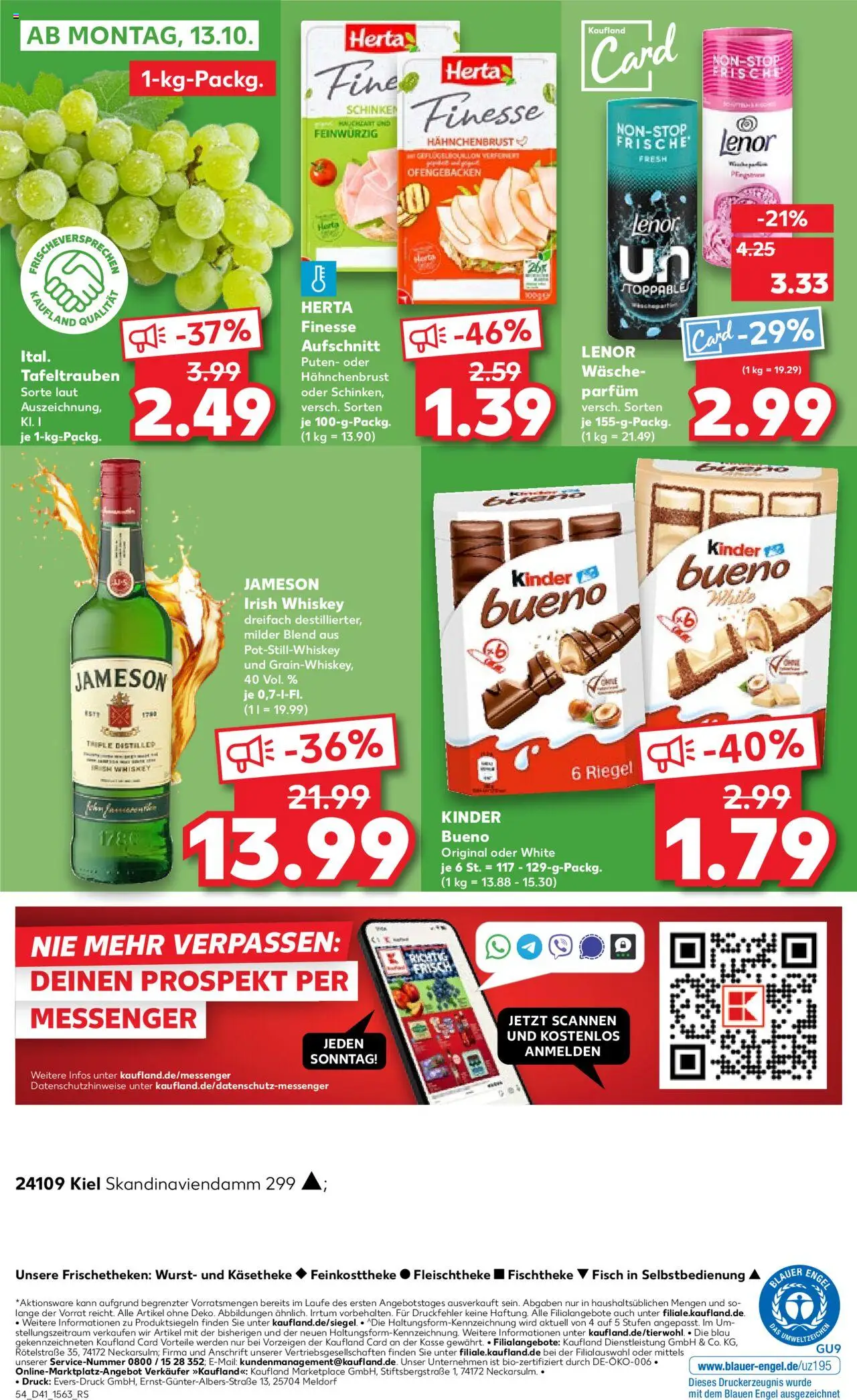 Kaufland prospekt Kiel	 – gültig ab 09.10.2025 | Seite: 54 | Produkte: Kinder bueno, Fisch, Wurst, Herta finesse