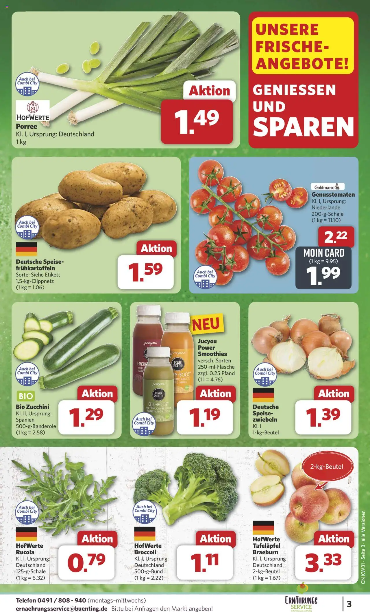 Combi Prospekt 	 - gültig ab dem 28.07.2025 | Seite: 3 | Produkte: Rucola, Zwiebeln, Zucchini, Telefon