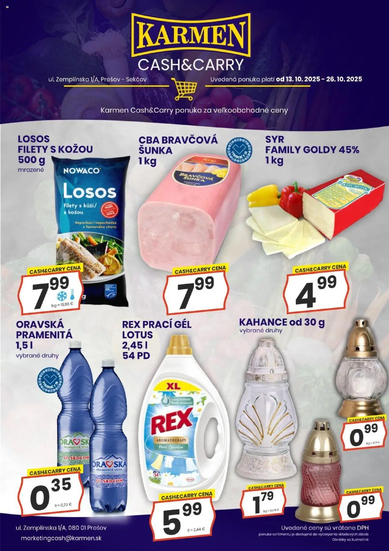 Nové KARMEN CBA akcie – leták je platný od 13.10.2025 | Strana: 4 | Produkty: Šunka, Losos, Voda