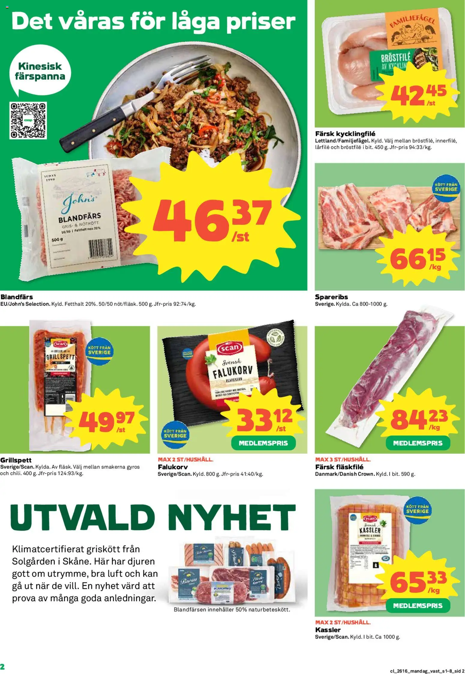 Coop reklamblad aktuell från 13.04.2026 | Sida: 2 | Produkter: Kassler, Kycklingfile, Falukorv, Blandfärs