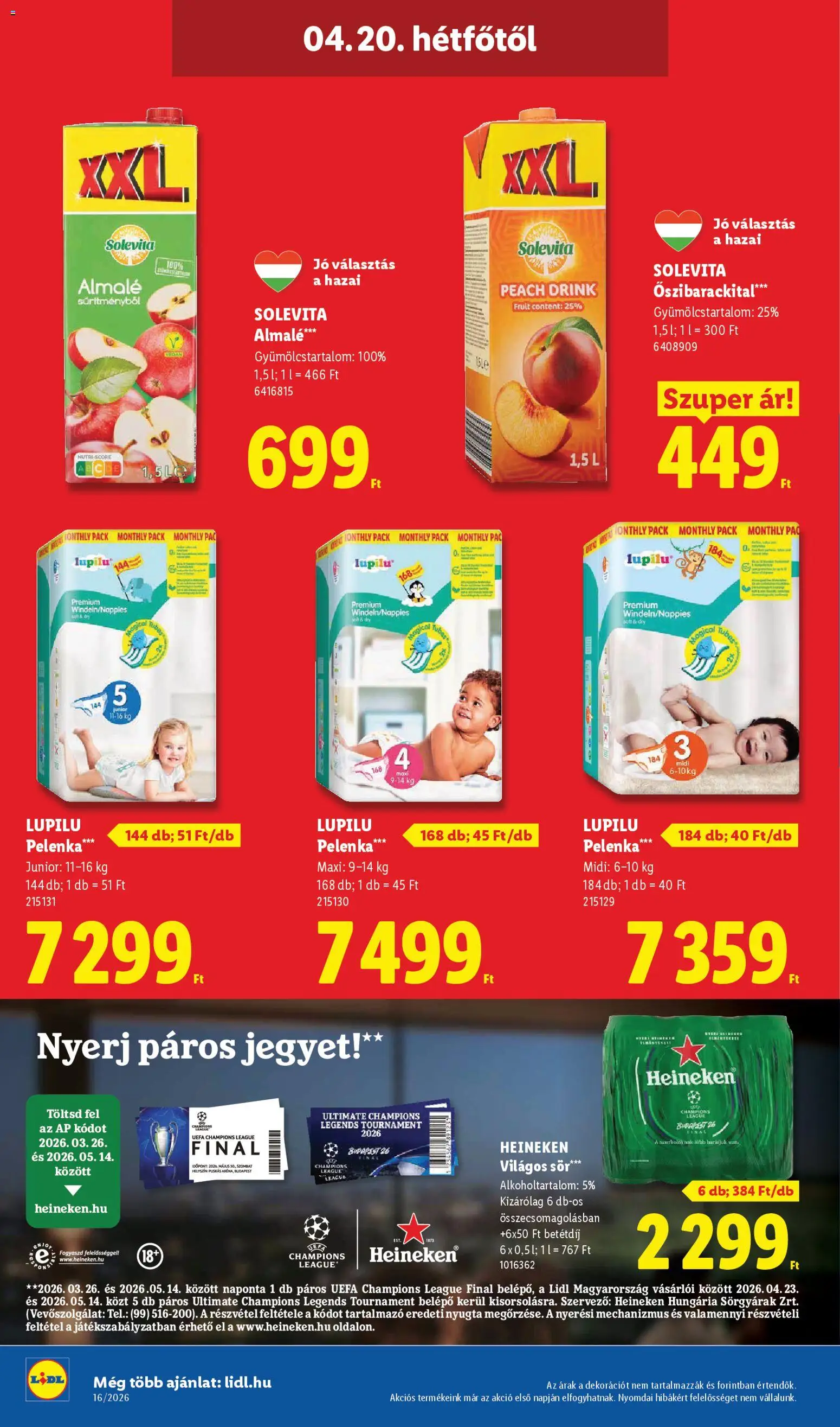 Lidl akciós ujság - amely érvényes a következő dátumtól: 16.04.2026 | Oldal: 56 | Termékek: Heineken, Pelenka, Sör, Almalé
