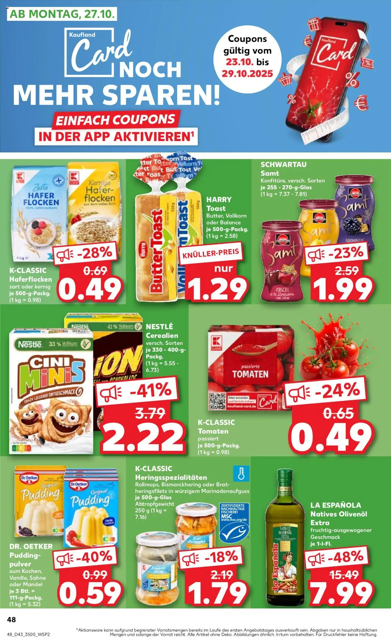 Kaufland prospekt Jena	 – gültig ab 23.10.2025 | Seite: 48 | Produkte: Toast, Schwartau samt, Olivenol, Sahne