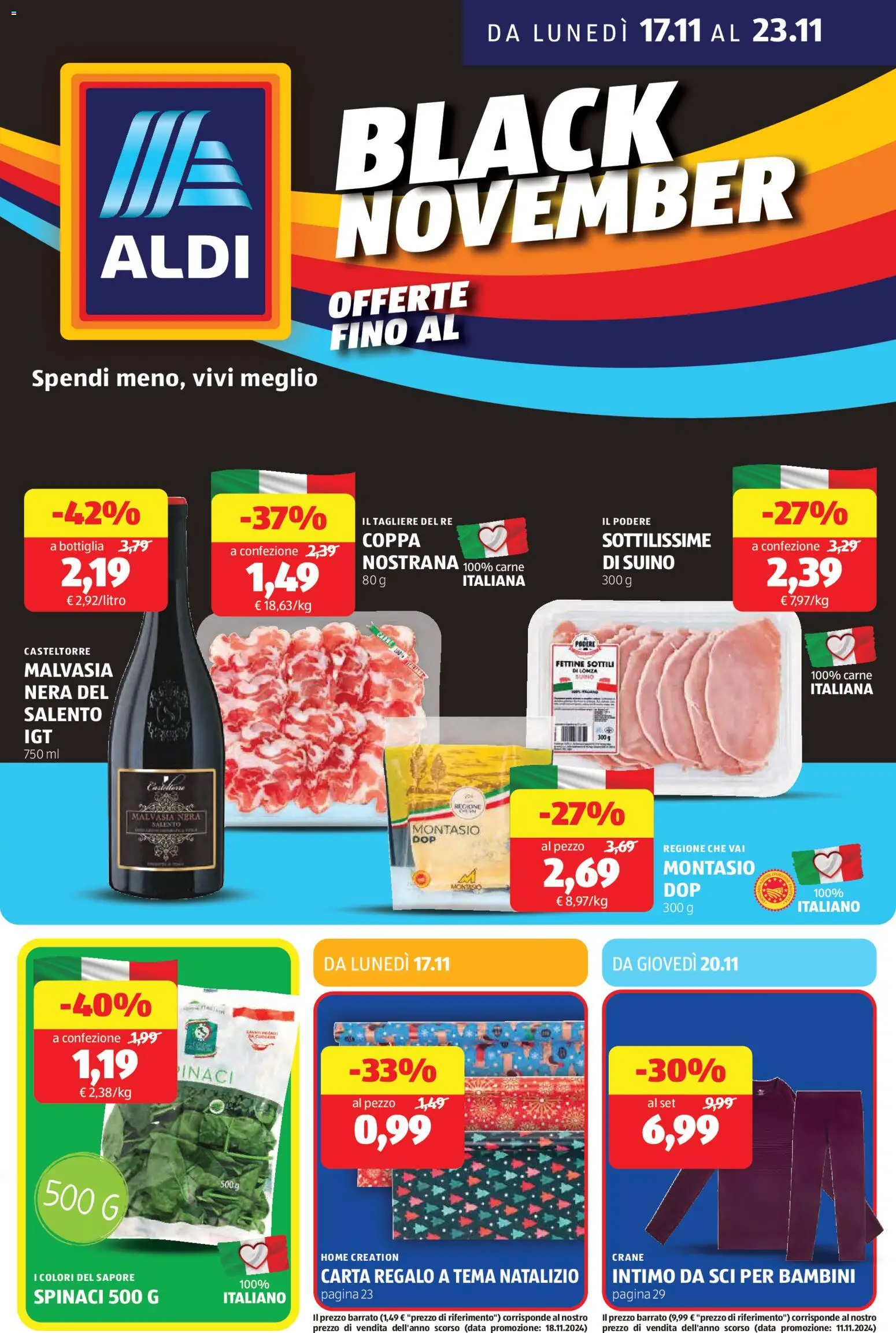 Volantino Aldi del 17.11.2025 | Pagina: 1 | Prodotti: Intimo, Spinaci, Tagliere, Bottiglia