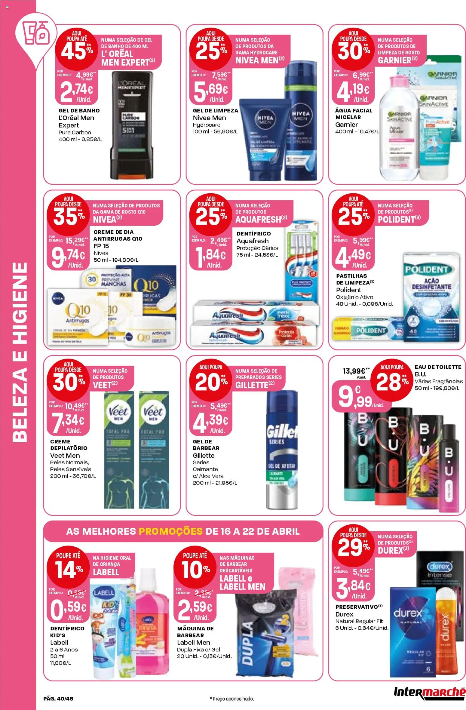 Intermarché folheto │ válido de 16.04.2026 | Página: 40 | Produtos: Agua, Eau de toilette, Gel de banho, Gel de limpeza