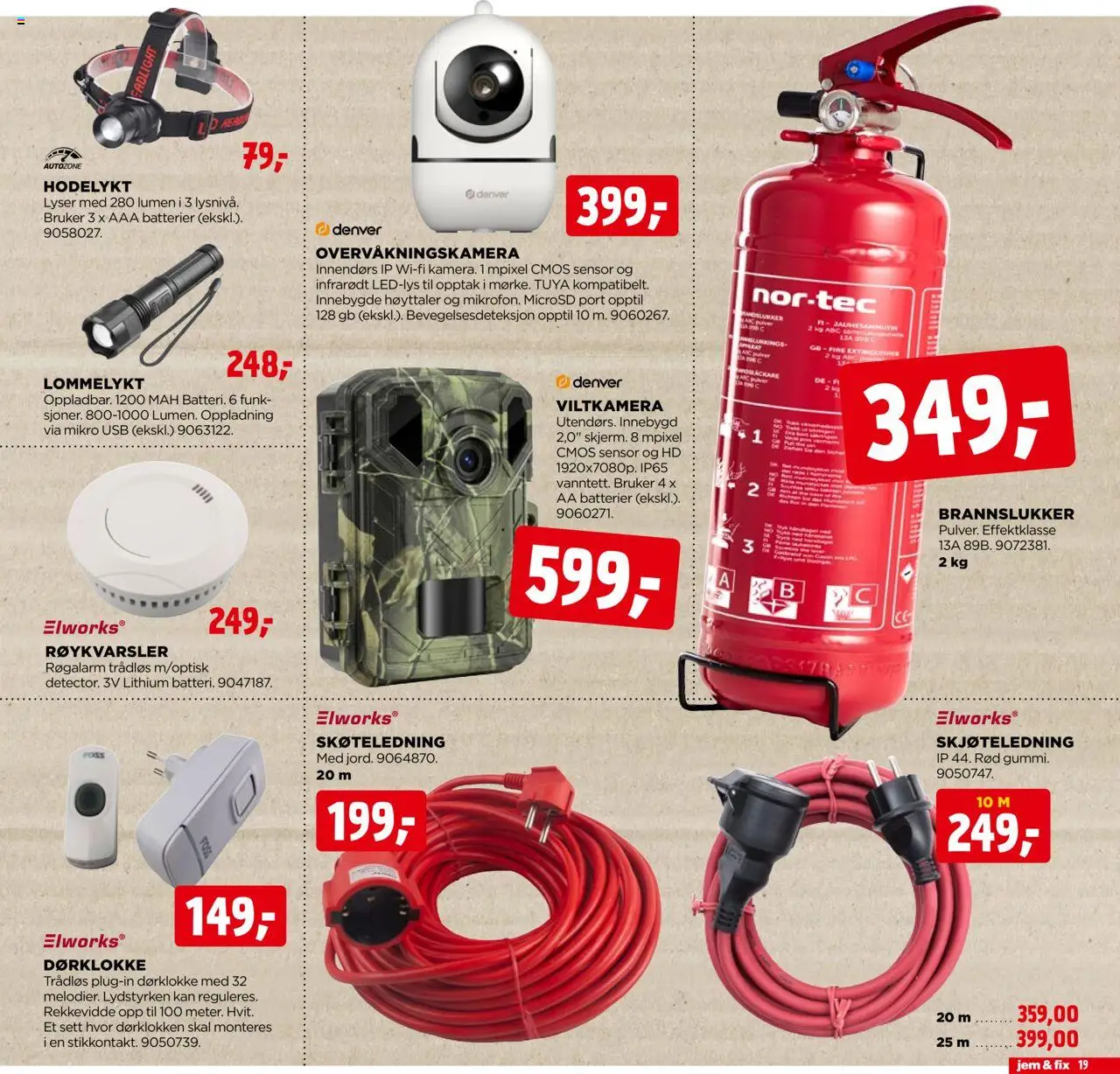  | Side: 19 | Produkter: Røykvarsler, Skjøteledning, Lommelykt, Høyttaler