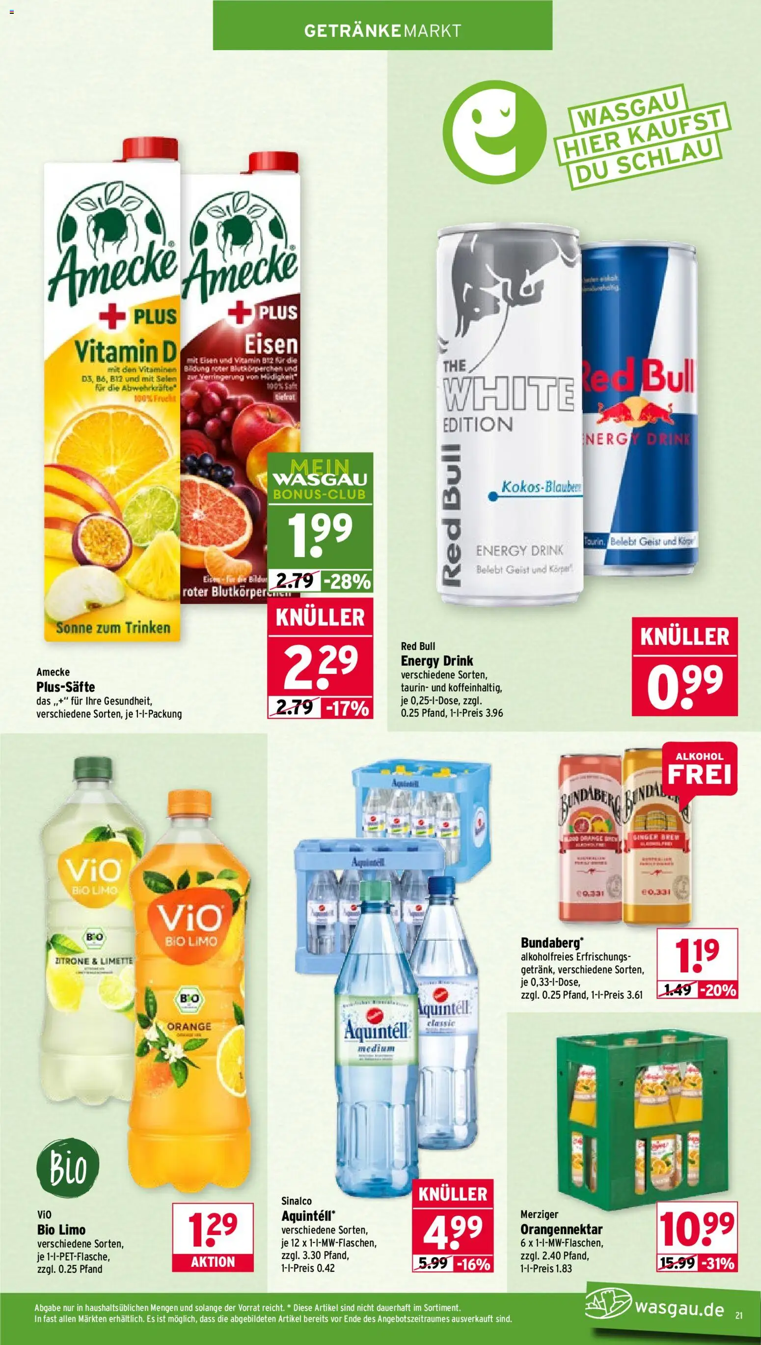 Wasgau Prospekt 	 – gültig ab 16.03.2026 | Seite: 21 | Produkte: Sinalco, Red bull, Energy, Limette