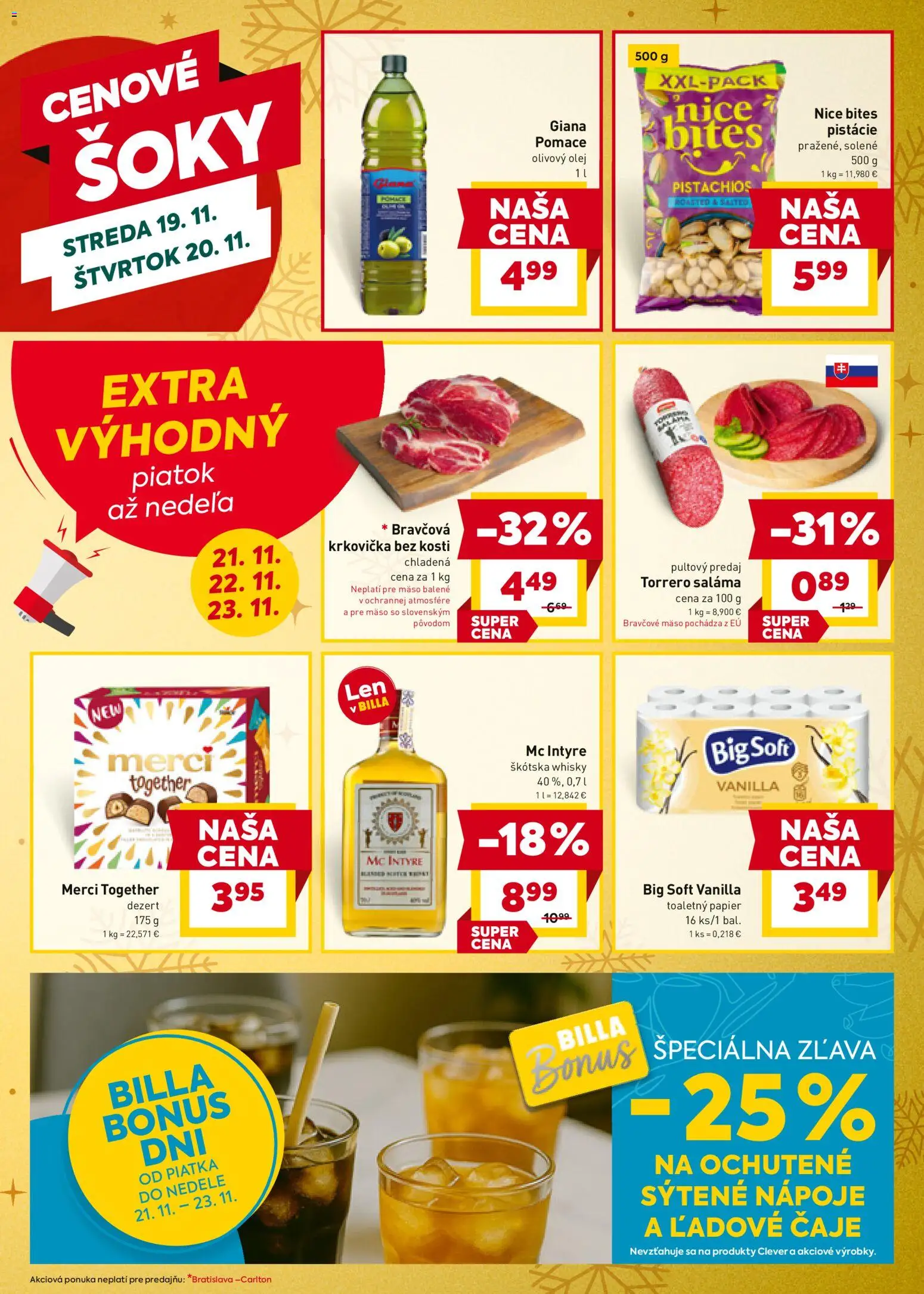 Nové Billa akcie – leták je platný od 19.11.2025 | Strana: 20 | Produkty: Olivový olej, Merci, Toaletný papier, Bravčové mäso