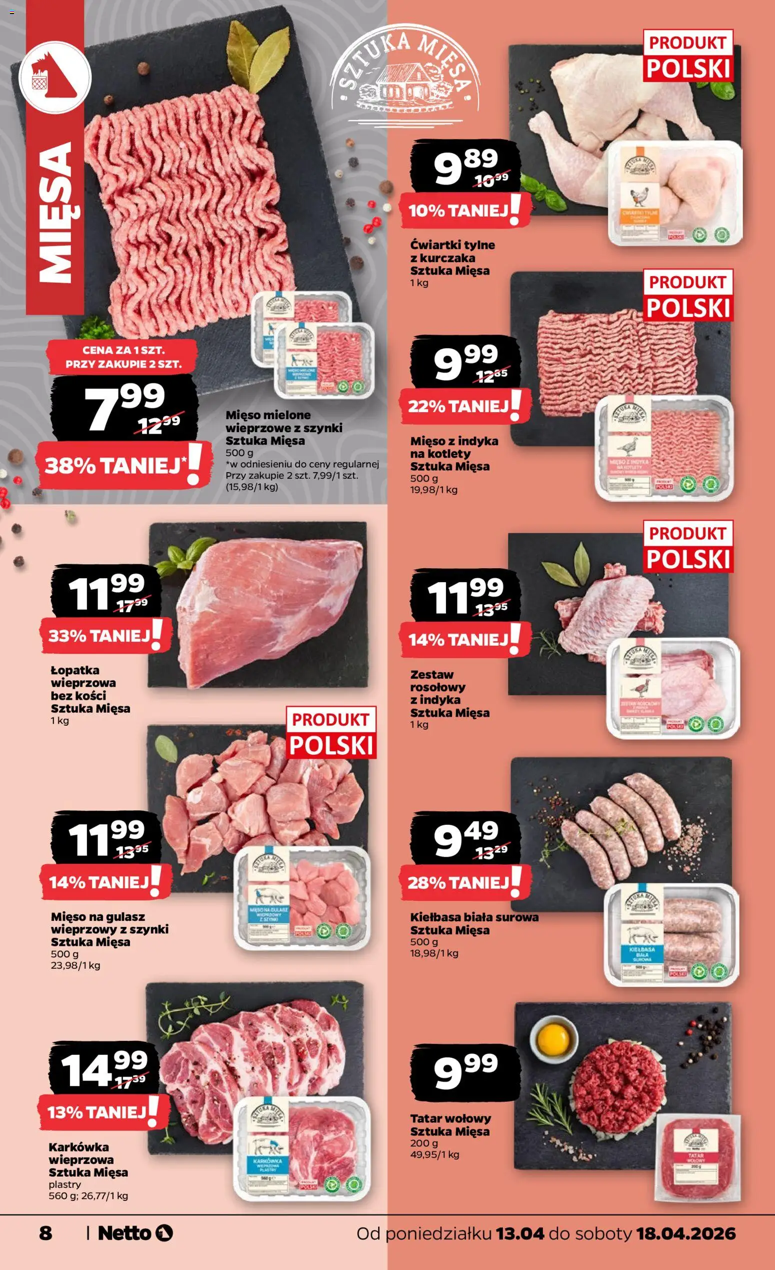 Netto gazetka od poniedziałku spożywcza od 13.04.2026 | Strona: 8 | Produkty: Karkówka, Mięso mielone, Gulasz, Kotlety