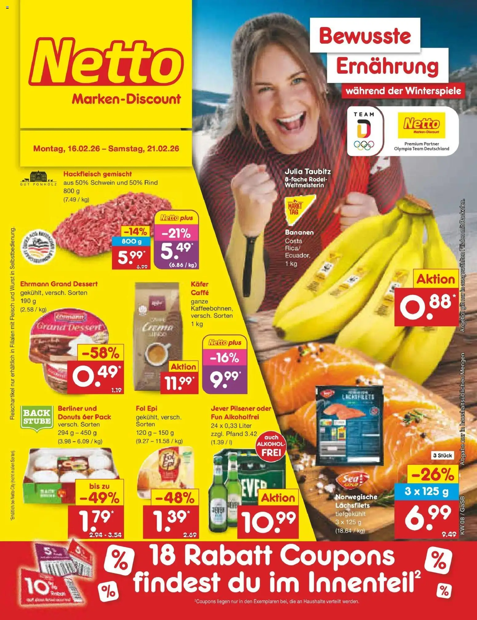 Netto Marken-Discount - Netto: Wochenangebote – gültig ab 16.02.2026 | Seite: 1 | Produkte: Berliner, Donuts, Wurst, Jever