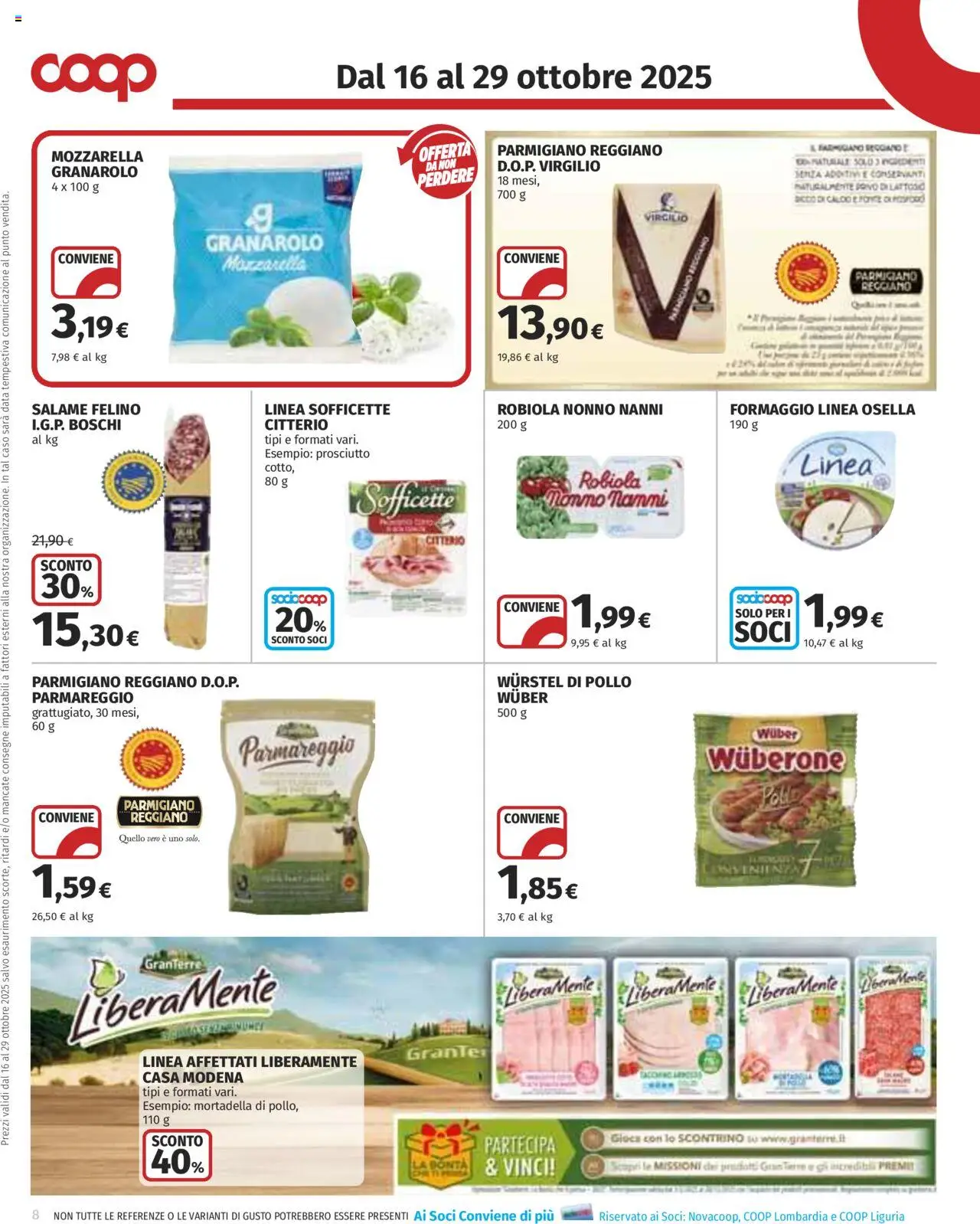 Volantino COOP del 16.10.2025 | Pagina: 8 | Prodotti: Pollo, Formaggio, Wurstel, Parmigiano reggiano