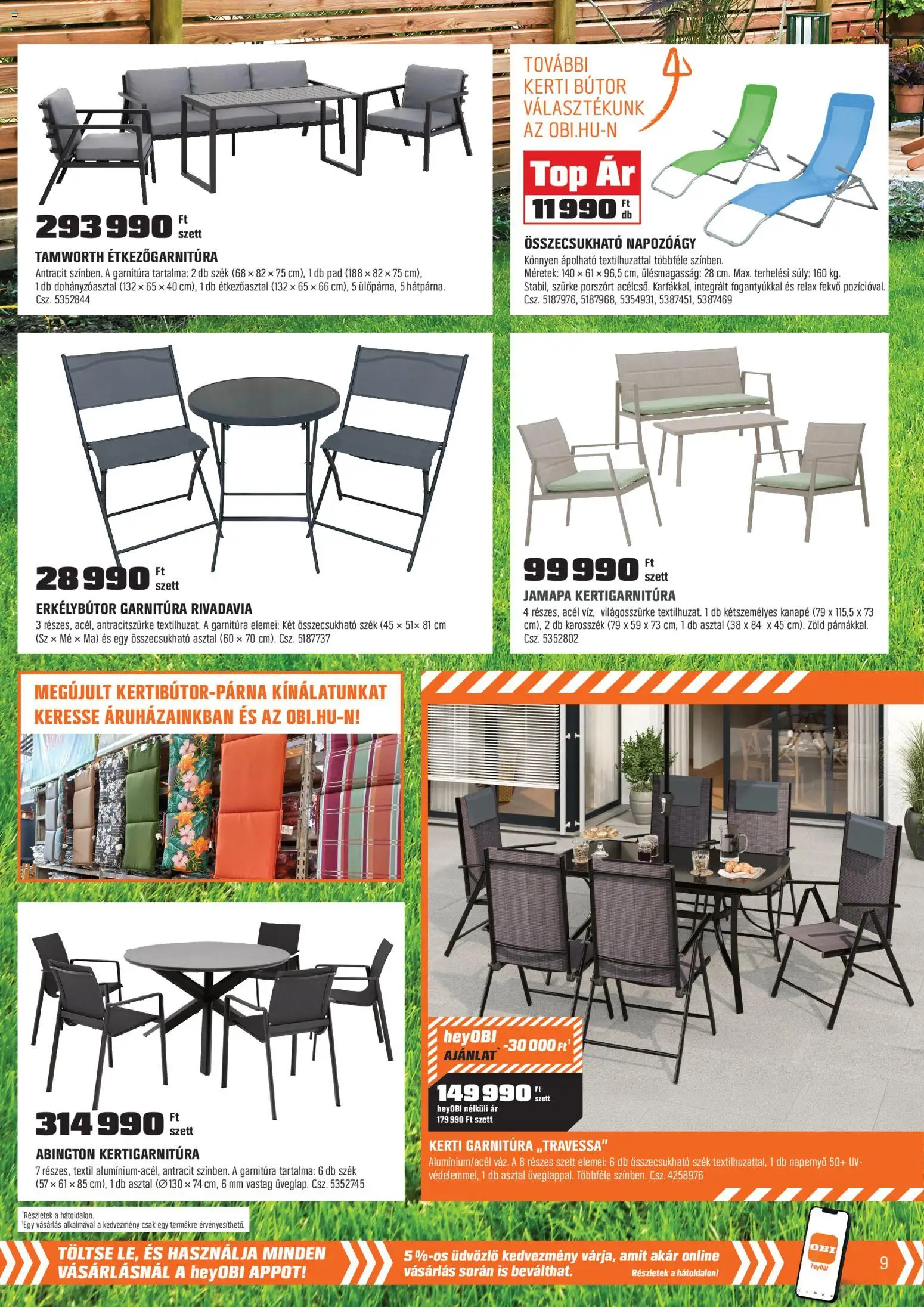 OBI akciós ujság - amely érvényes a következő dátumtól: 28.04.2026 | Oldal: 9 | Termékek: Kanapé, Asztal, Szék, Napozóágy