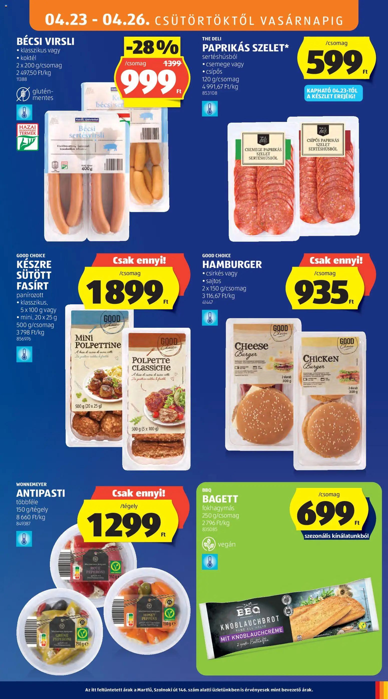 Aldi akciós ujság - amely érvényes a következő dátumtól: 23.04.2026 | Oldal: 7 | Termékek: Virsli, Hamburger, Bagett, Vegán