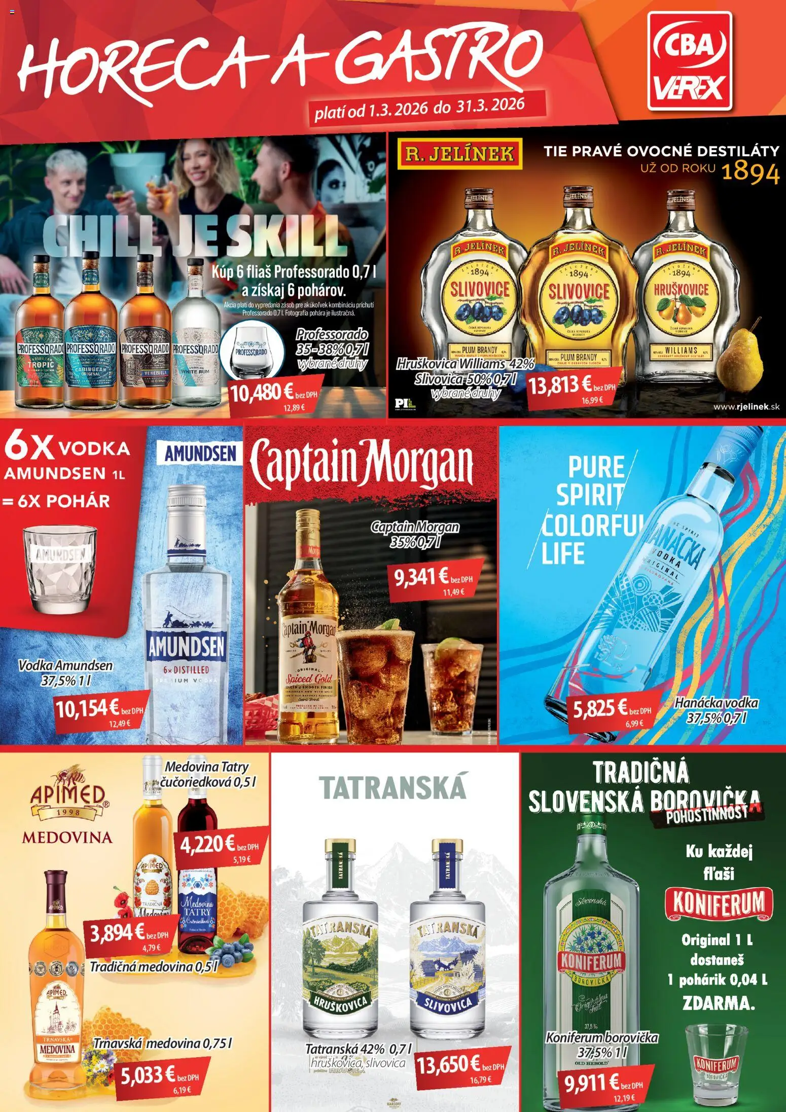 Nové CBA Verex akcie – leták je platný od 01.03.2026 | Strana: 1 | Produkty: Borovička, Captain Morgan, Slivovica, Rum
