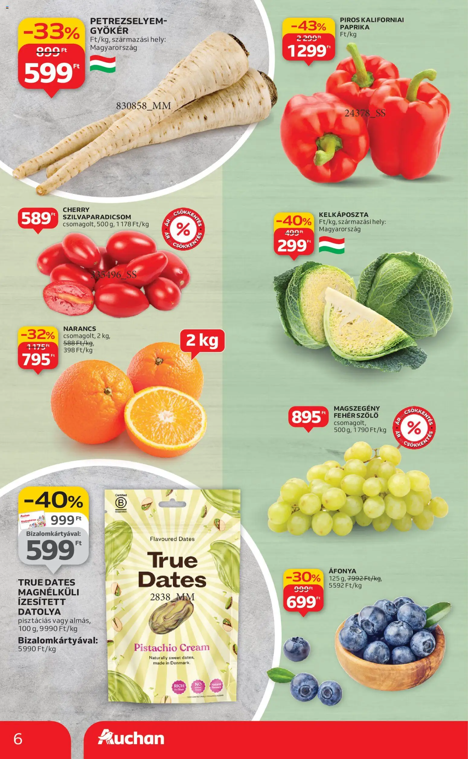 Auchan akciós ujság - amely érvényes a következő dátumtól: 08.01.2026 | Oldal: 6 | Termékek: Datolya, Petrezselyem, Kelkáposzta, Narancs