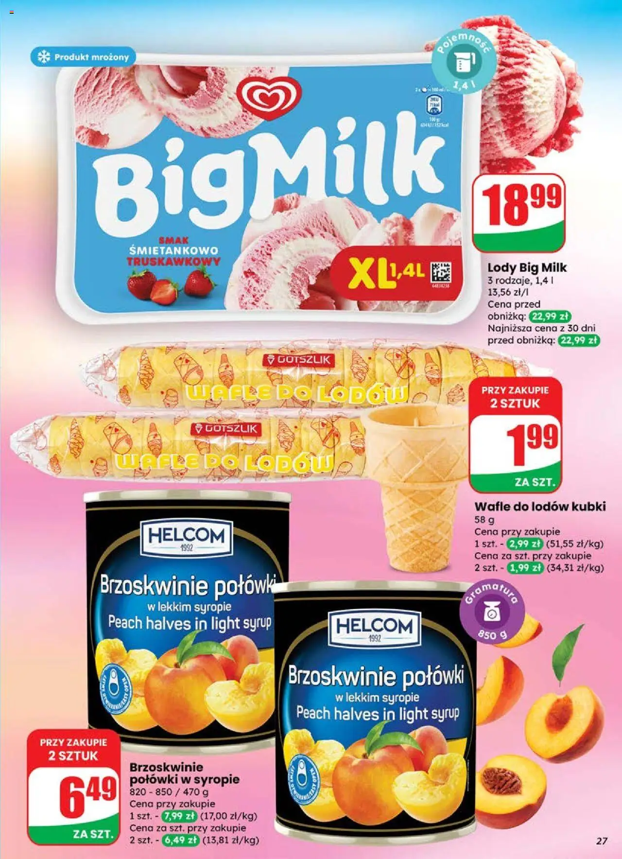 Dino Gazetka od 25.06.2025 | Strona: 27 | Produkty: Wafle, Big Milk, Brzoskwinie, Lody