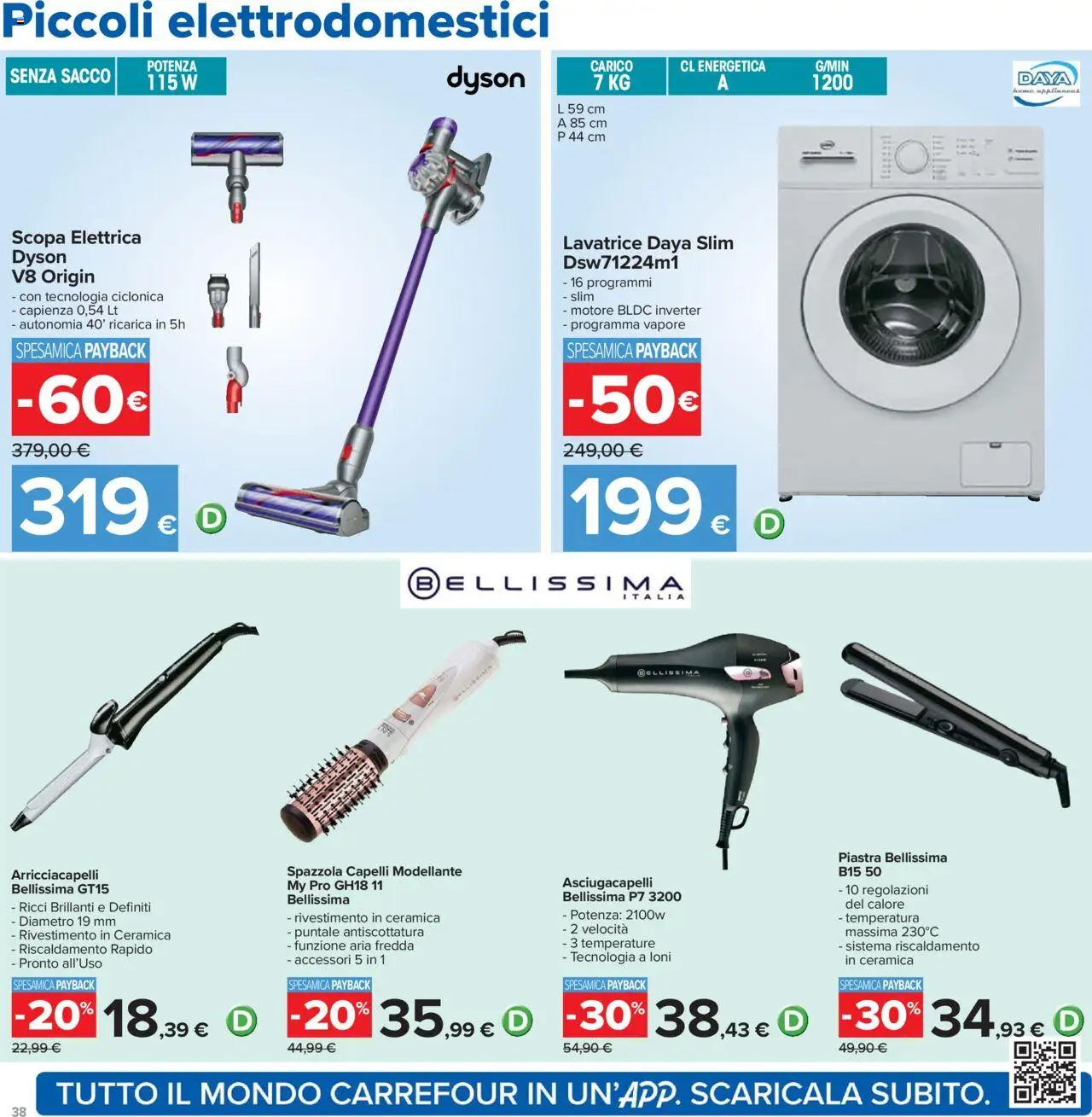 Volantino Carrefour del 23.10.2025 | Pagina: 38 | Prodotti: Spazzola, Scopa elettrica, Lavatrice, Asciugacapelli