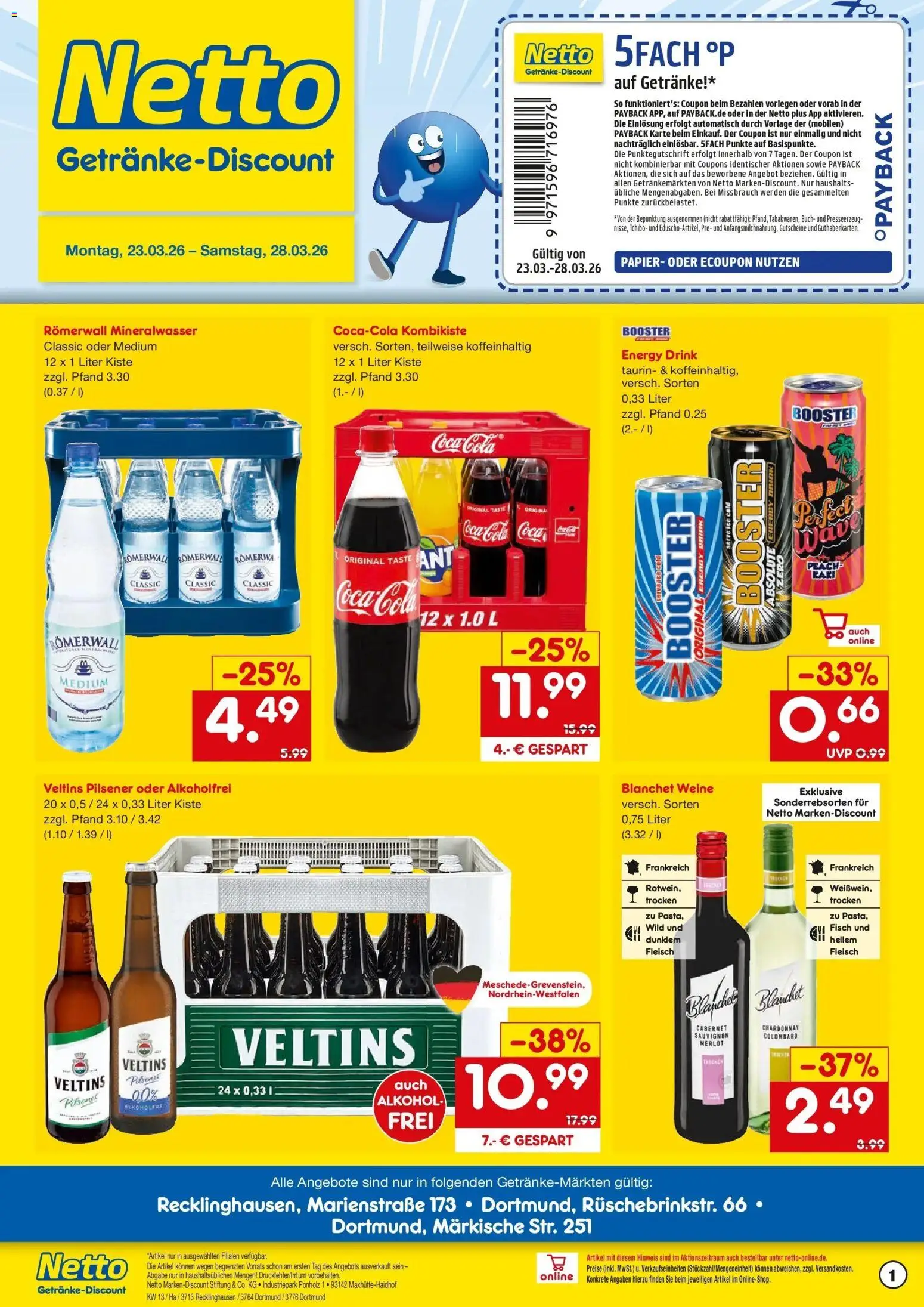 Netto Marken-Discount Prospekt Recklinghausen	 – gültig ab 23.03.2026 | Seite: 1 | Produkte: Coca cola, Energy, Mineralwasser, Fisch
