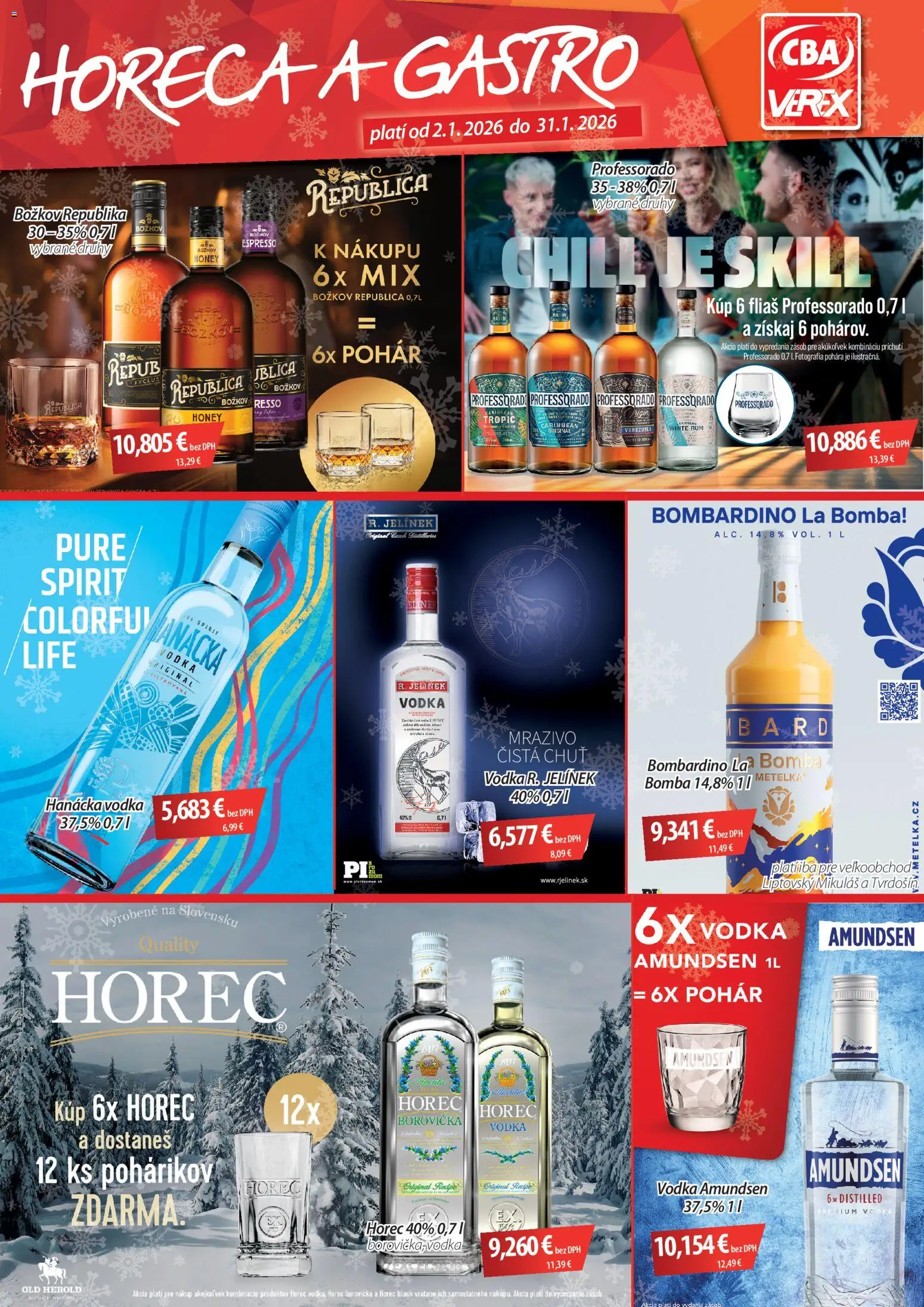 Nové CBA Verex akcie – leták je platný od 02.01.2026 | Strana: 1 | Produkty: Borovička, Božkov, Republica, Vodka