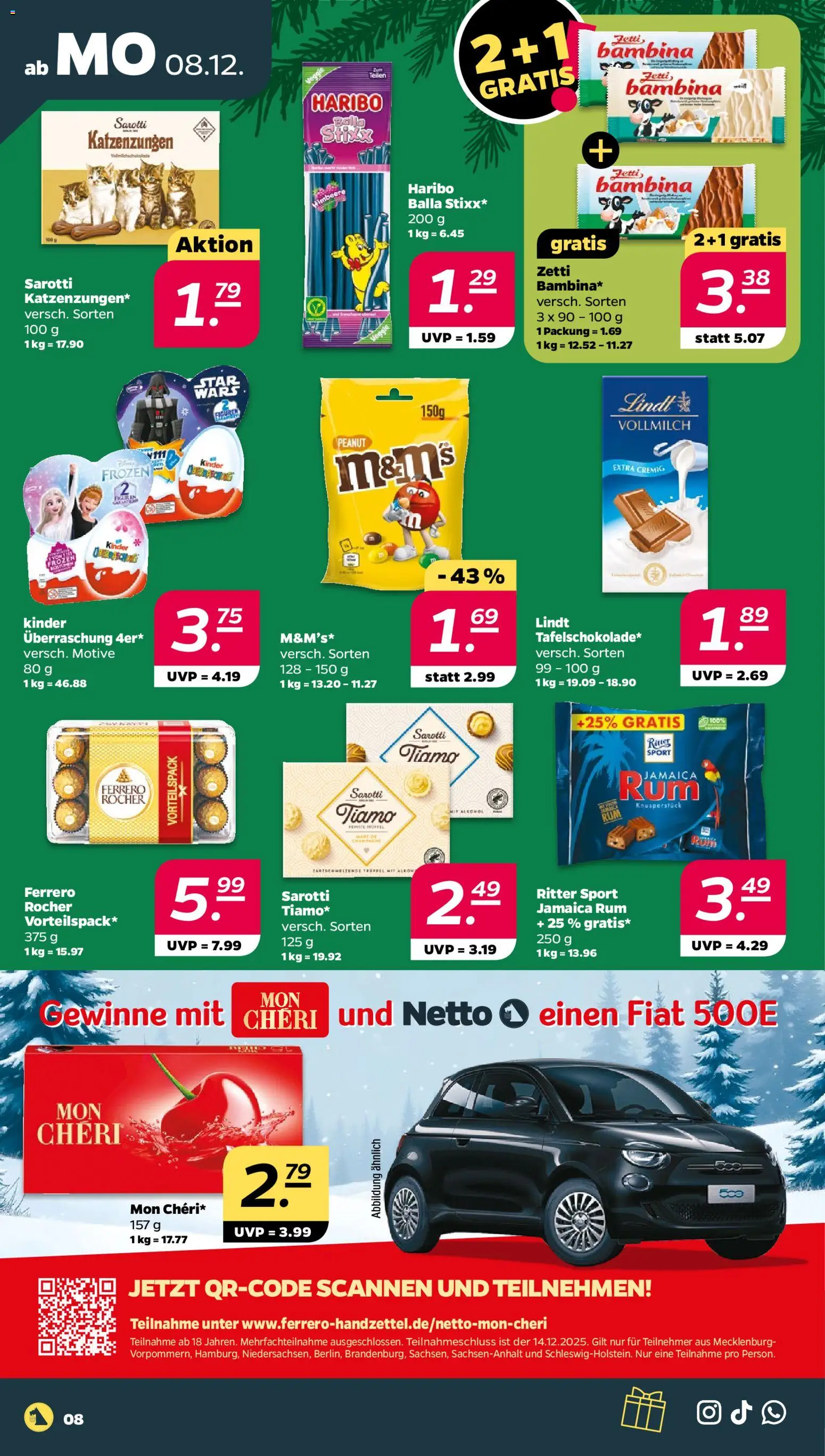 Netto Prospekt 	 – gültig ab 08.12.2025 | Seite: 8 | Produkte: Haribo, Rum, Ritter sport, Lindt